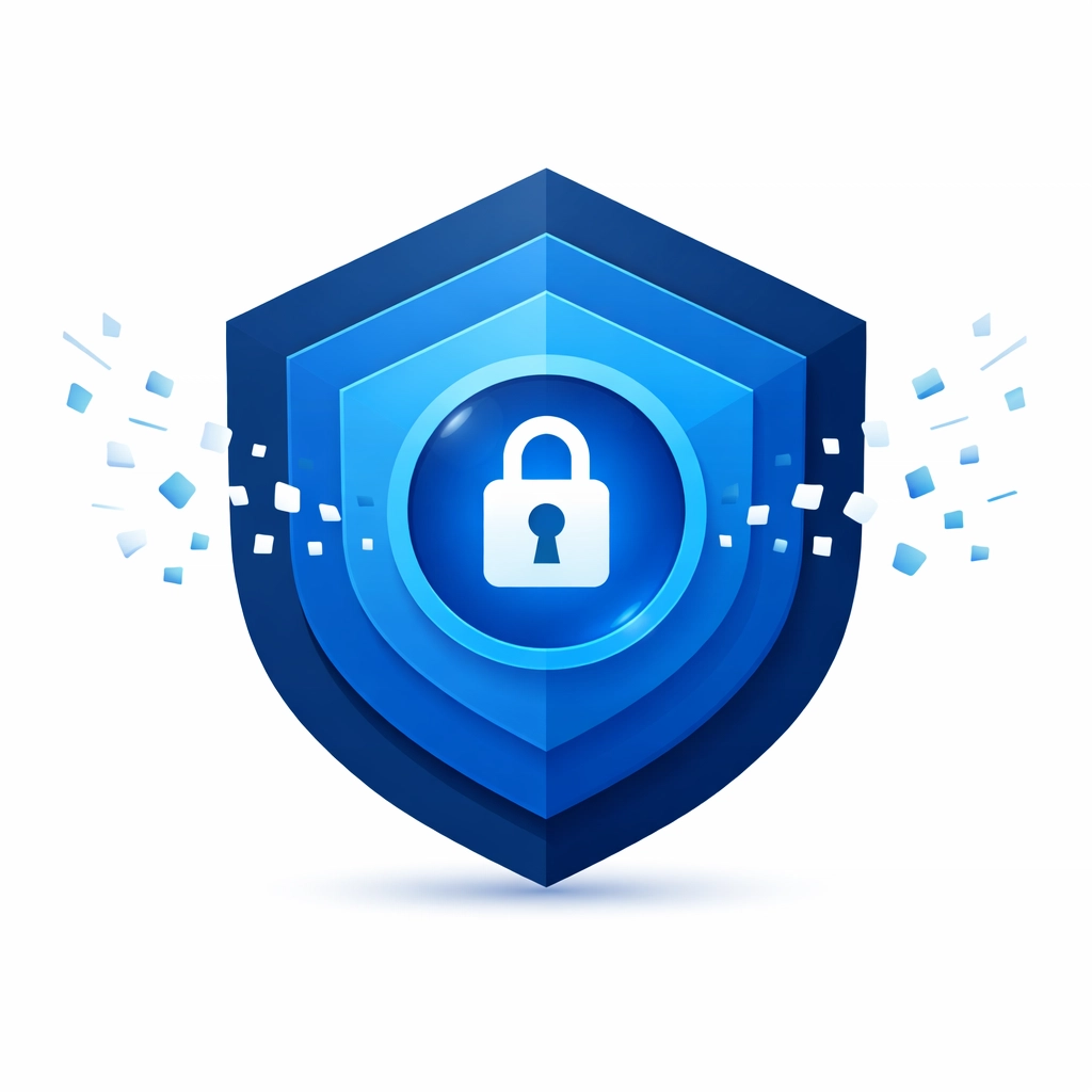 A blue geometric shield illustration representing multi-layered cybersecurity and data protection for businesses.