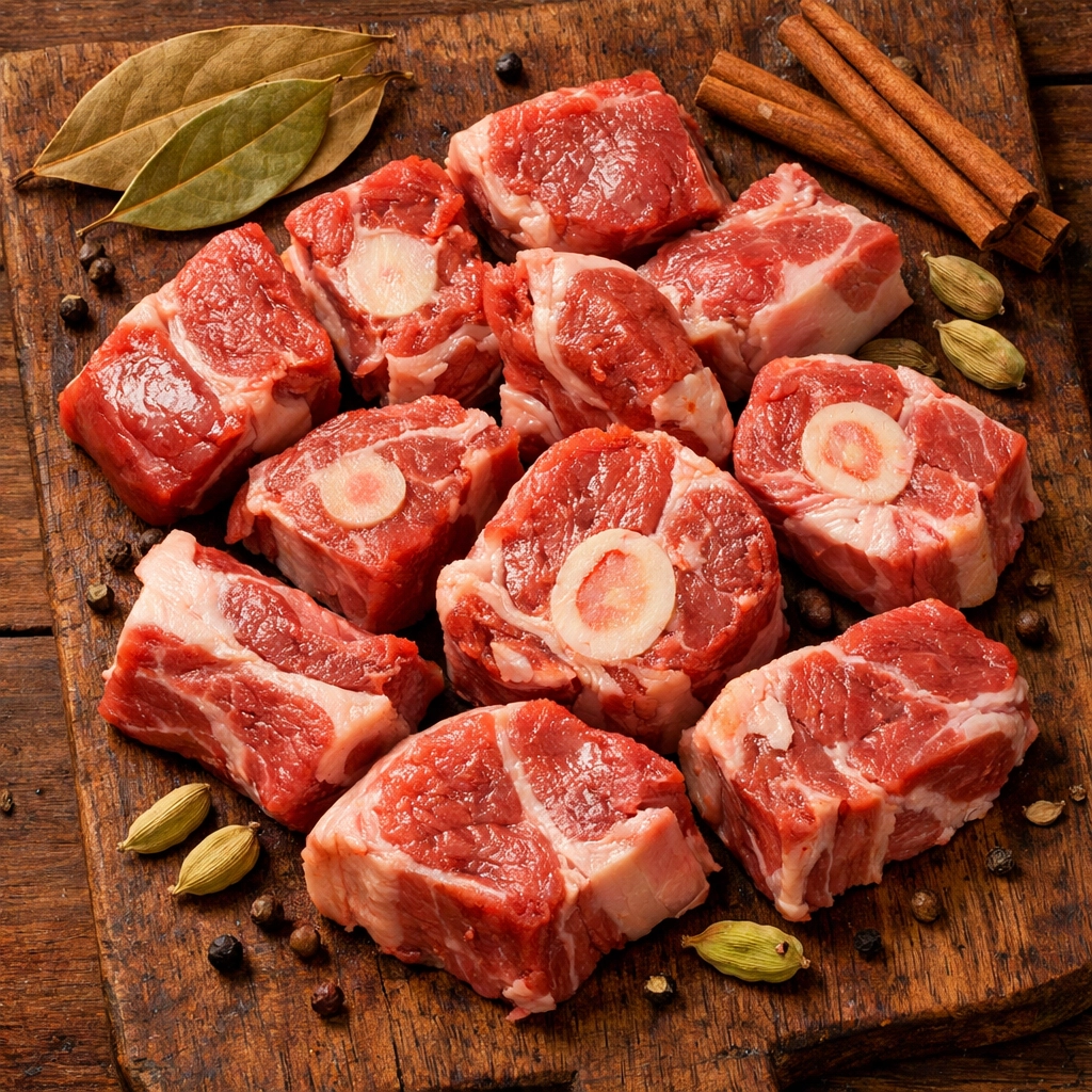 Fresh mutton curry cut with bone and whole spices for Hyderabadi mutton curry recipe