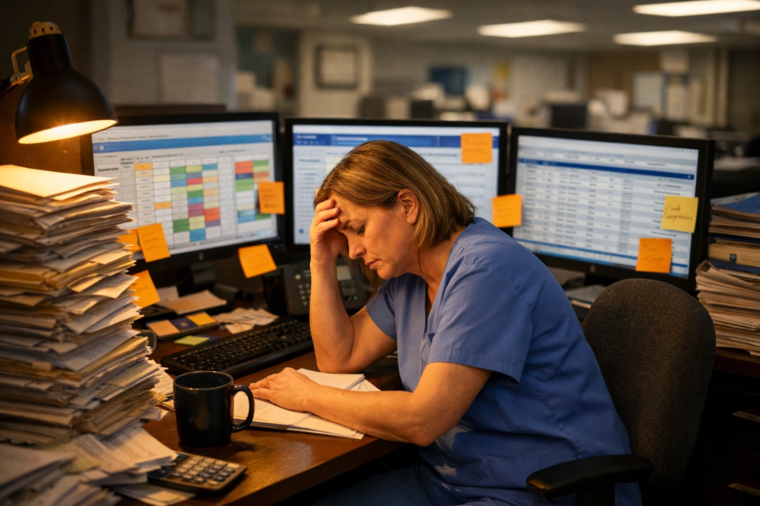 Exhausted medical office administrator working late surrounded by patient scheduling and insurance verification tasks