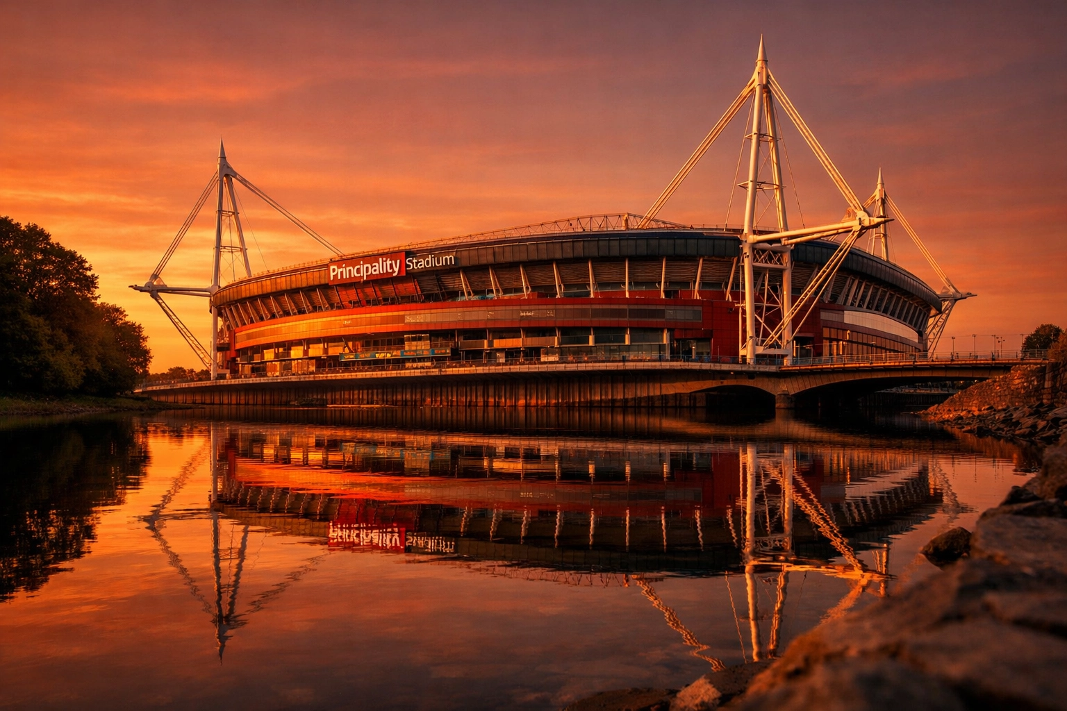 Sunset view of Cardiff's Principality Stadium, a dignified location for scattering ashes near the River Taff.
