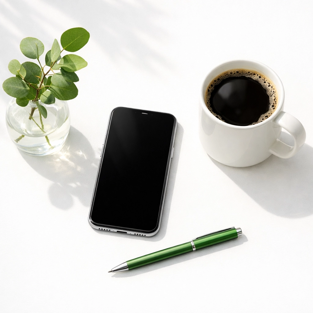 Minimalist office desk with a smartphone representing local web development services and easy communication.