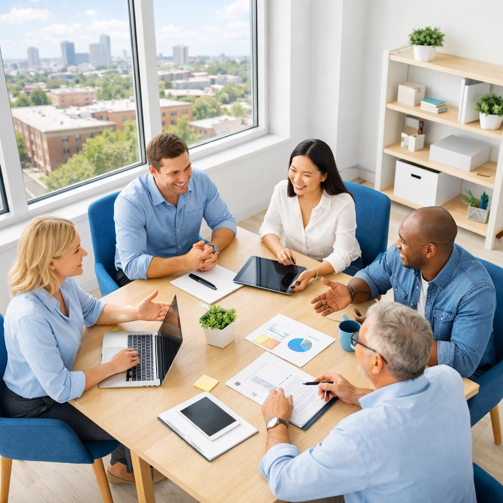 Small business team collaborating on cybersecurity strategy in modern Cedar Rapids office