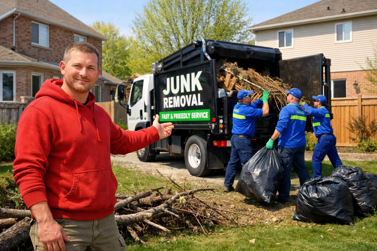 Junk GTA crew and Roman K performing a seasonal yard cleanup and debris removal in a Bradford residential backyard.
