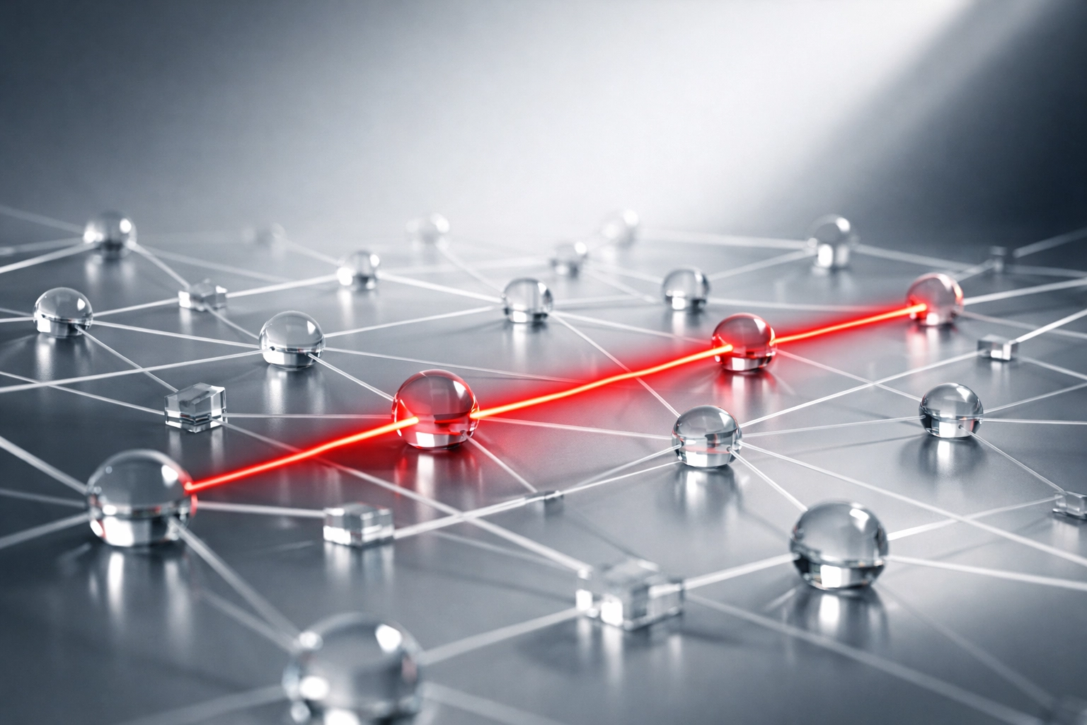 Abstract digital network highlighting a red thread of signal architecture for secure IT risk assessment.