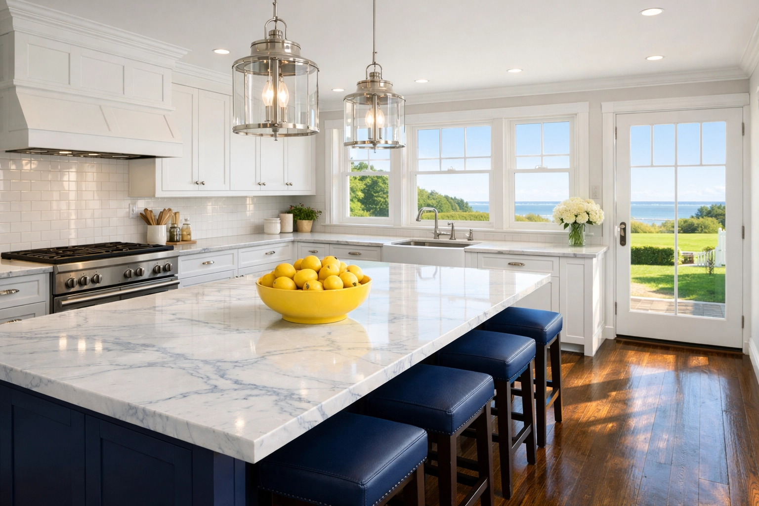 Clean Cape Cod kitchen with marble countertops following a weekly house cleaning in Barnstable Village.