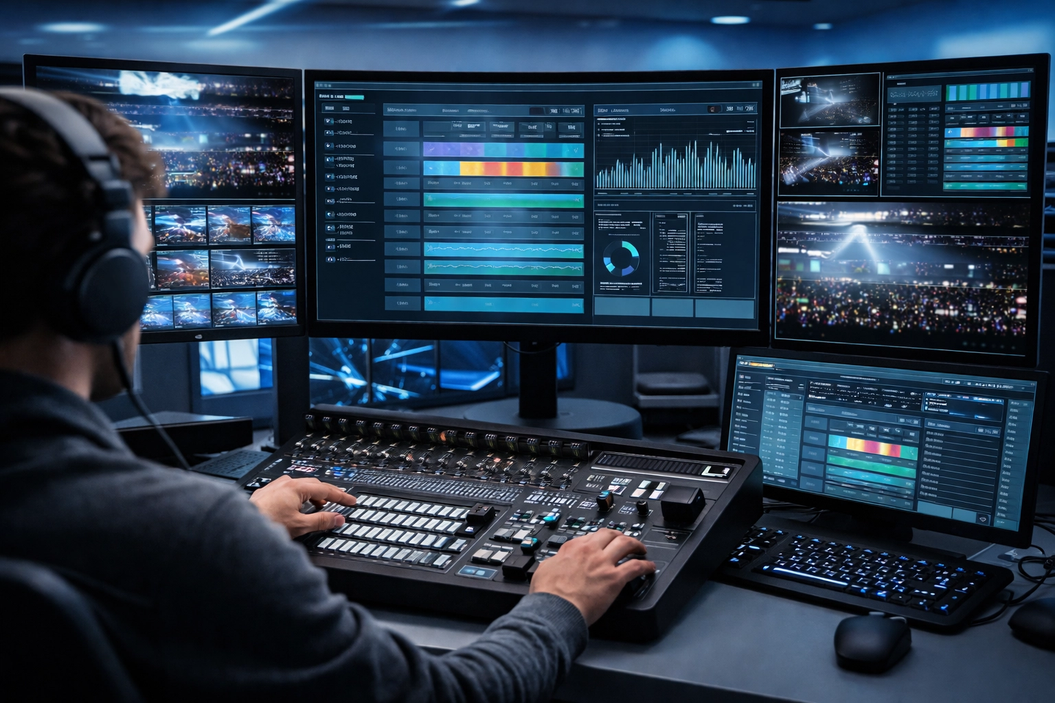 Venue control room with operator managing centralized digital signage and advertising analytics