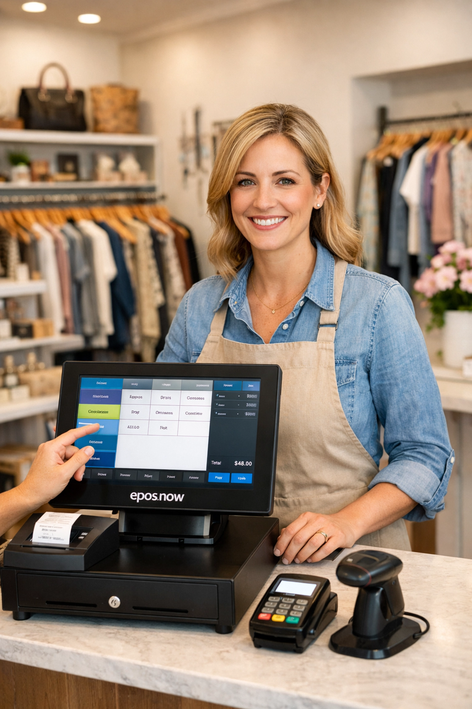 Retail boutique owner using Epos Now touchscreen till system in UK clothing store