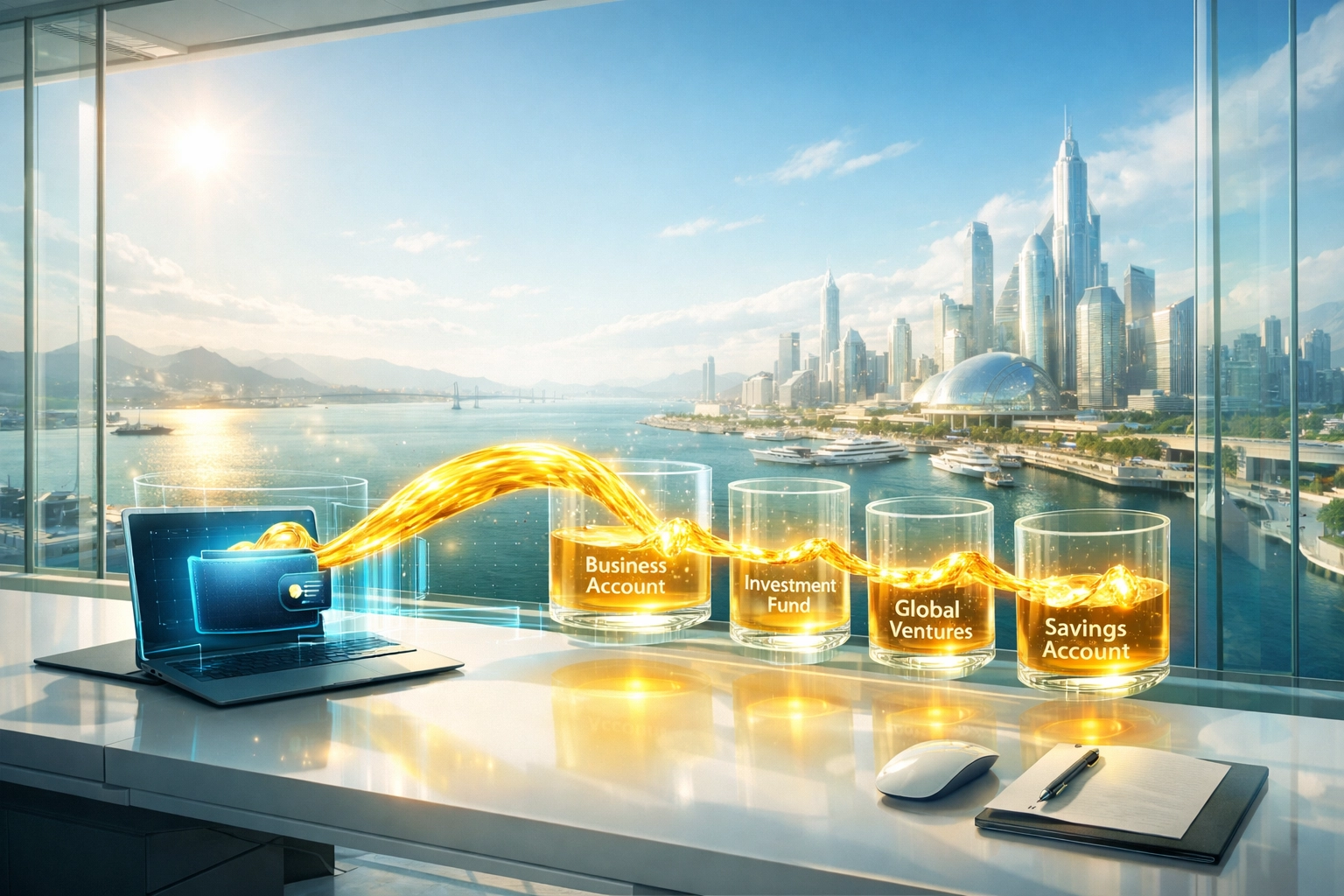 Holographic digital wallet showing instant liquidity and cash flow for tokenized crypto invoices.