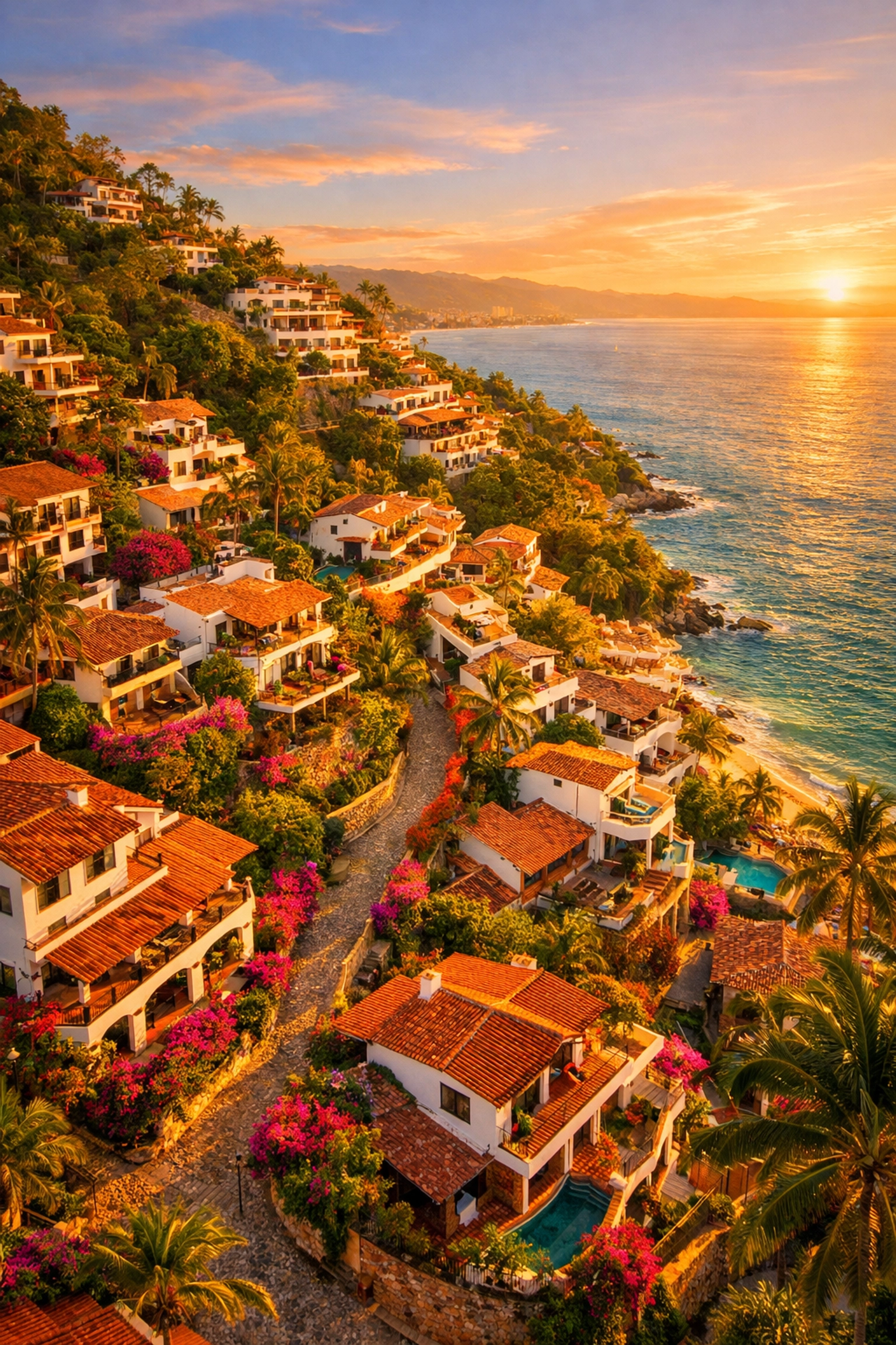 Amapas hillside neighborhood villas cascading to Banderas Bay at sunset in Puerto Vallarta