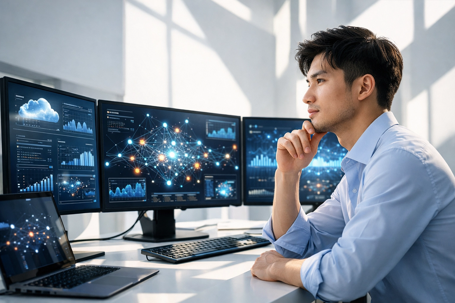 A young data analytics specialist analyzing complex visualizations in a modern tech office.