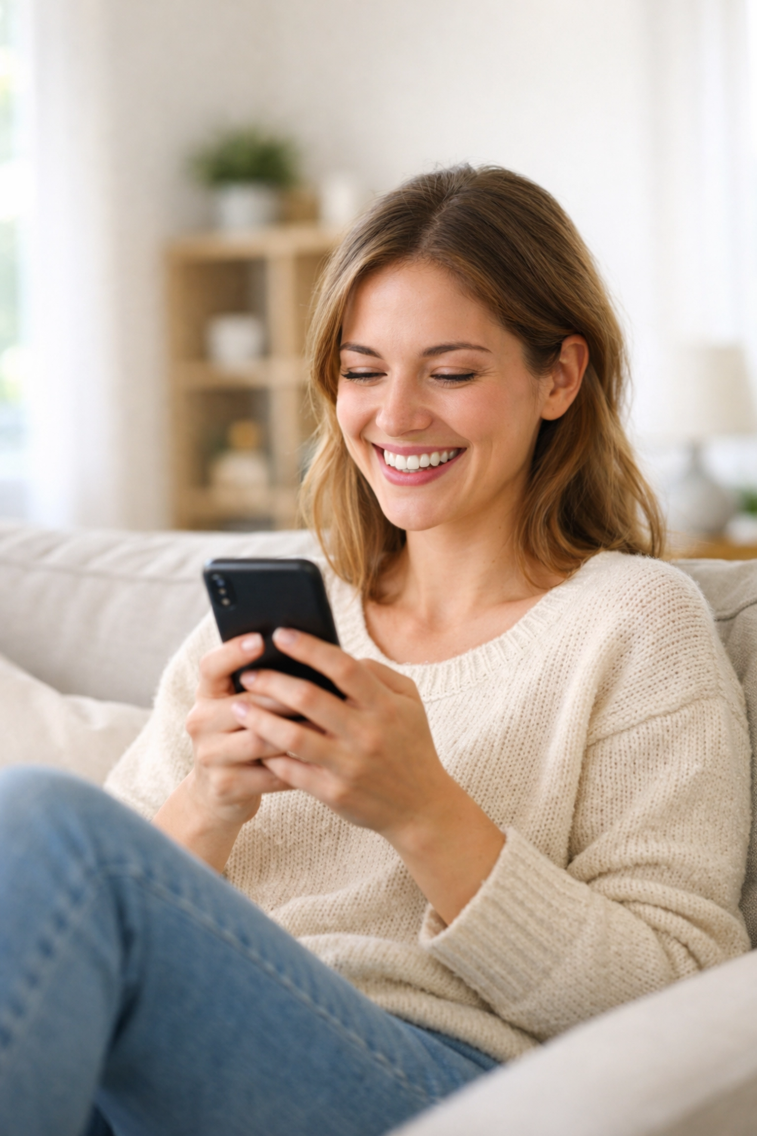 Relieved woman on sofa receiving instant approval for bad credit loans in Canada on her smartphone.