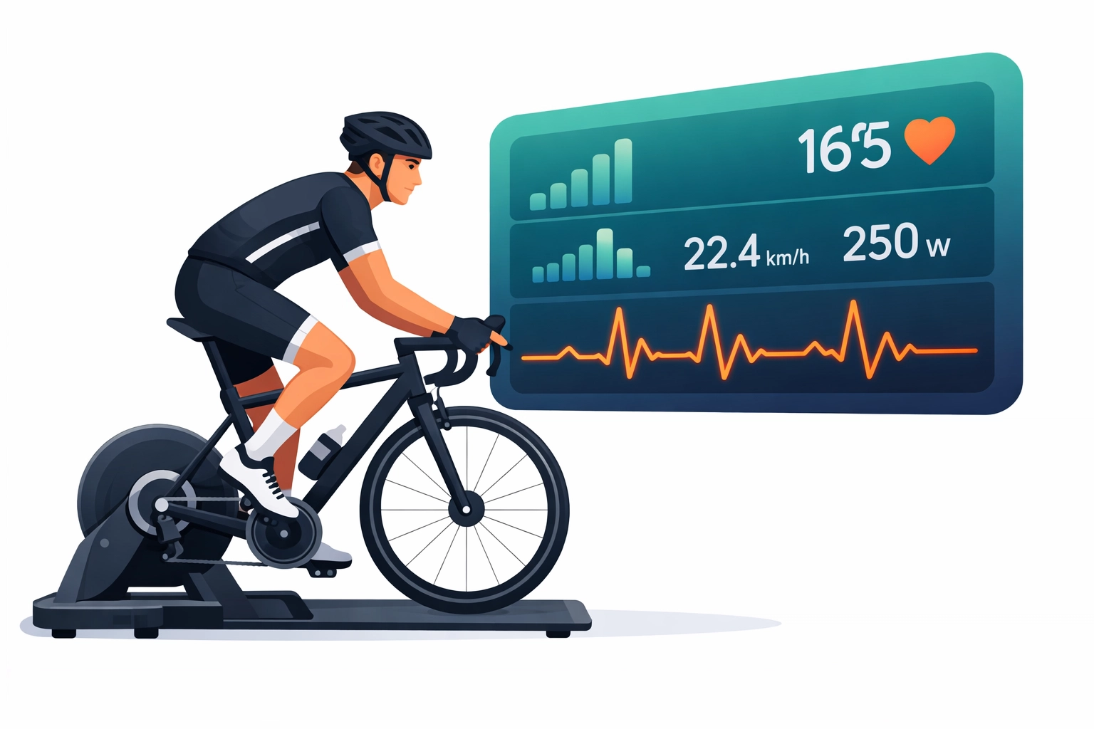 Cyclist using an indoor smart trainer with a digital dashboard for a structured cycling training plan.