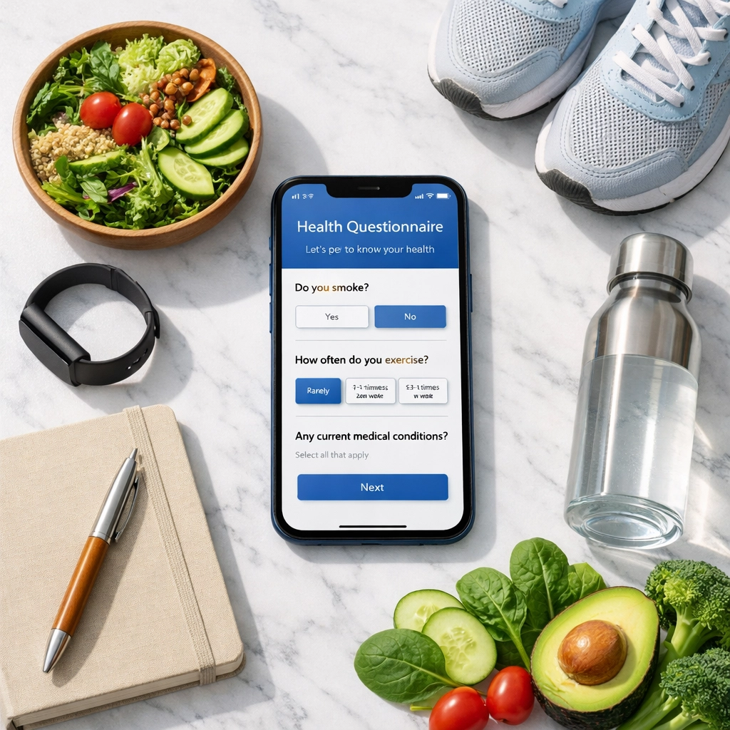 Online weight loss consultation questionnaire on phone surrounded by healthy lifestyle wellness items