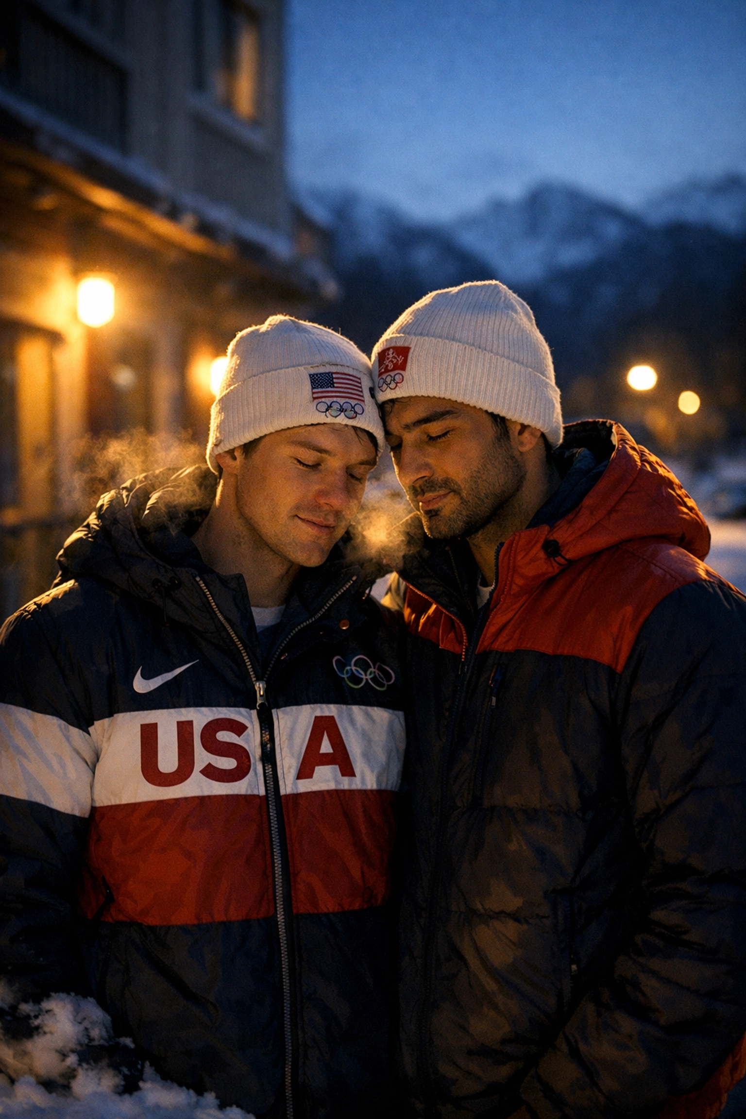 Two male Olympic skiers standing close together outside Winter Games Village at night