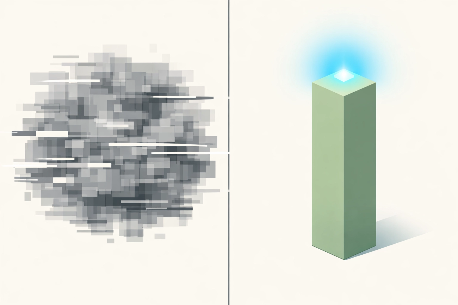 Solid green data pillar vs digital noise representing high-authority enterprise SEO and proprietary content.