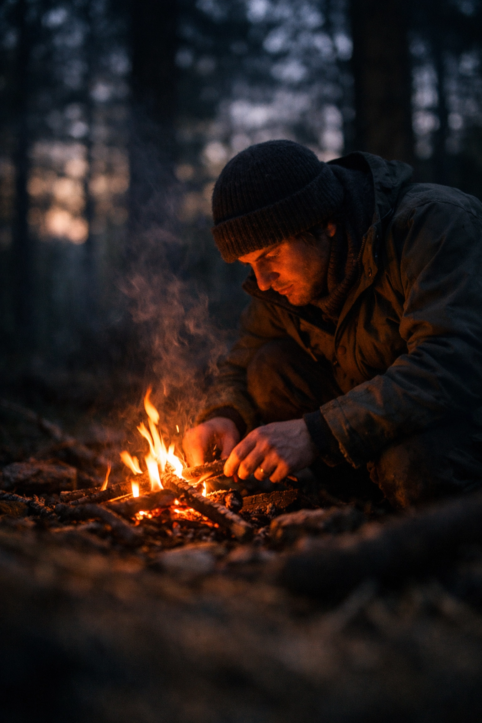 Person tending campfire in Scottish woodland during bushcraft nature immersion experience