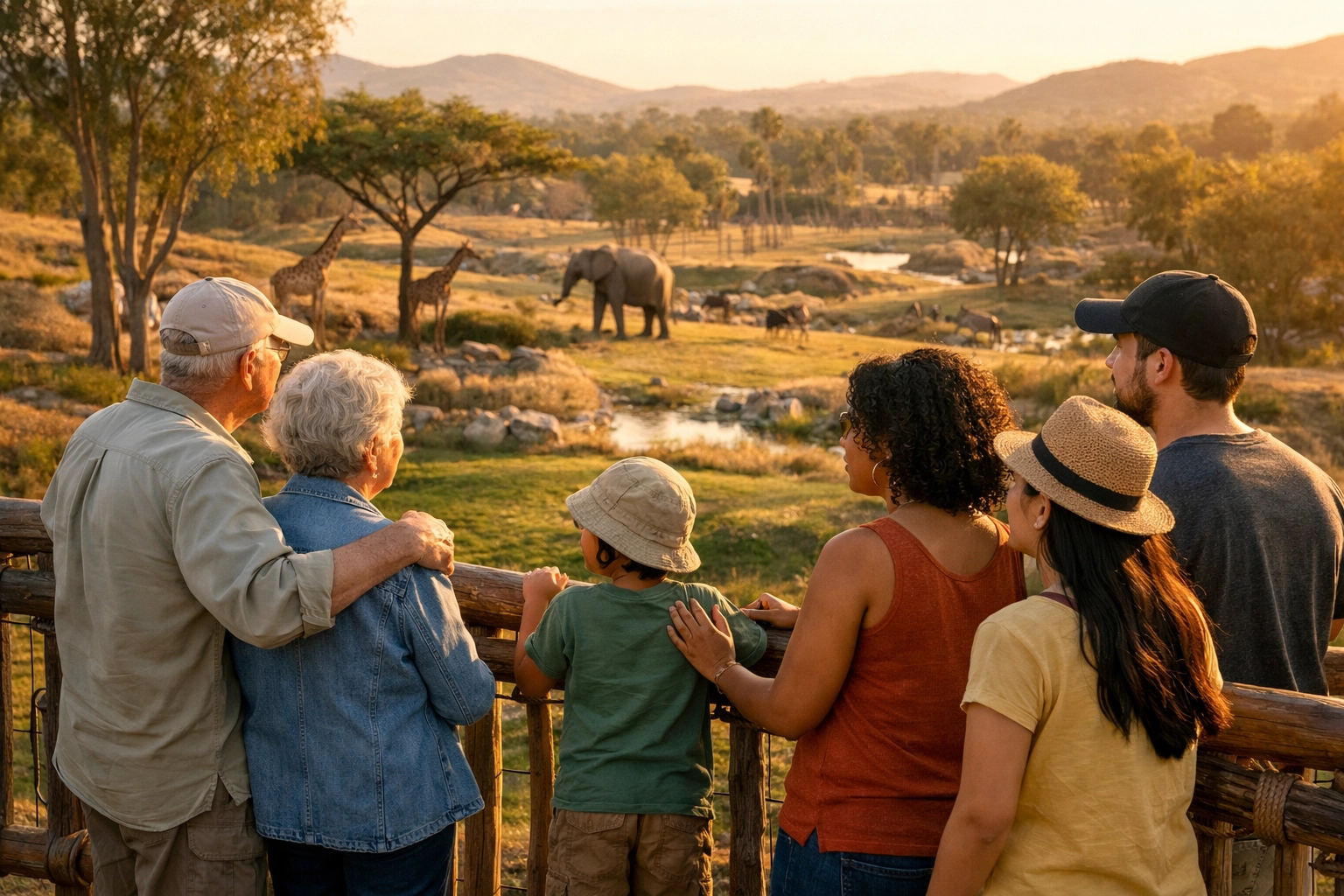Zoo visitors admiring a natural savanna habitat during golden hour at a wildlife conservation park.