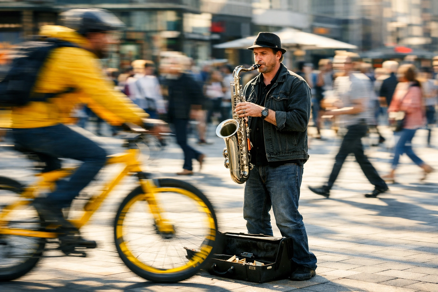 Artistic motion blur of a cyclist alongside a sharp street musician to demonstrate creative photography ideas.