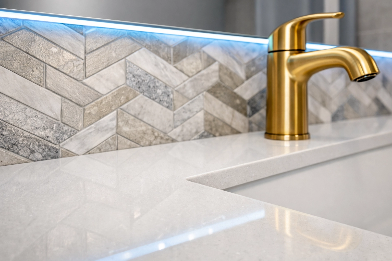 Spotless quartz vanity and gold fixtures reflecting high-end estate maintenance Westborough standards.