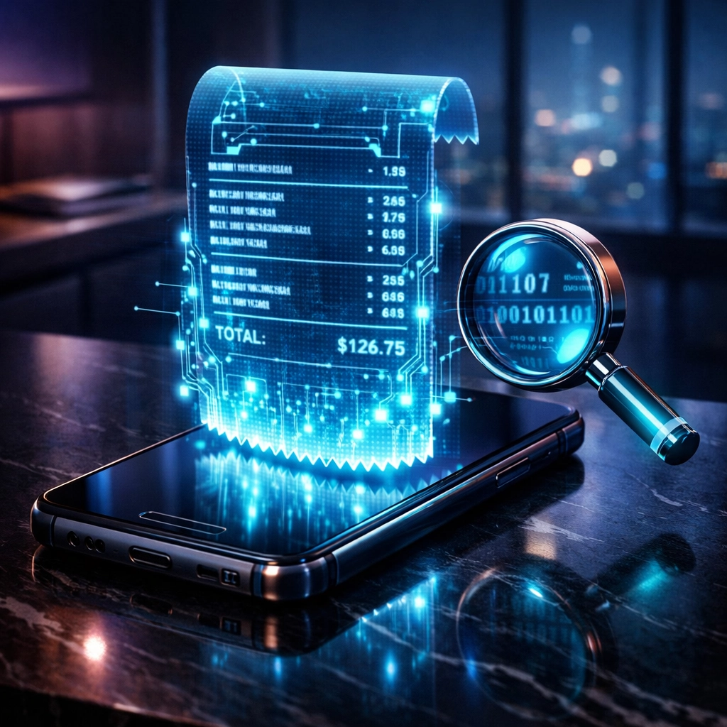 Smartphone displaying holographic NFT receipts for accounting and secure Web3 business transaction records.