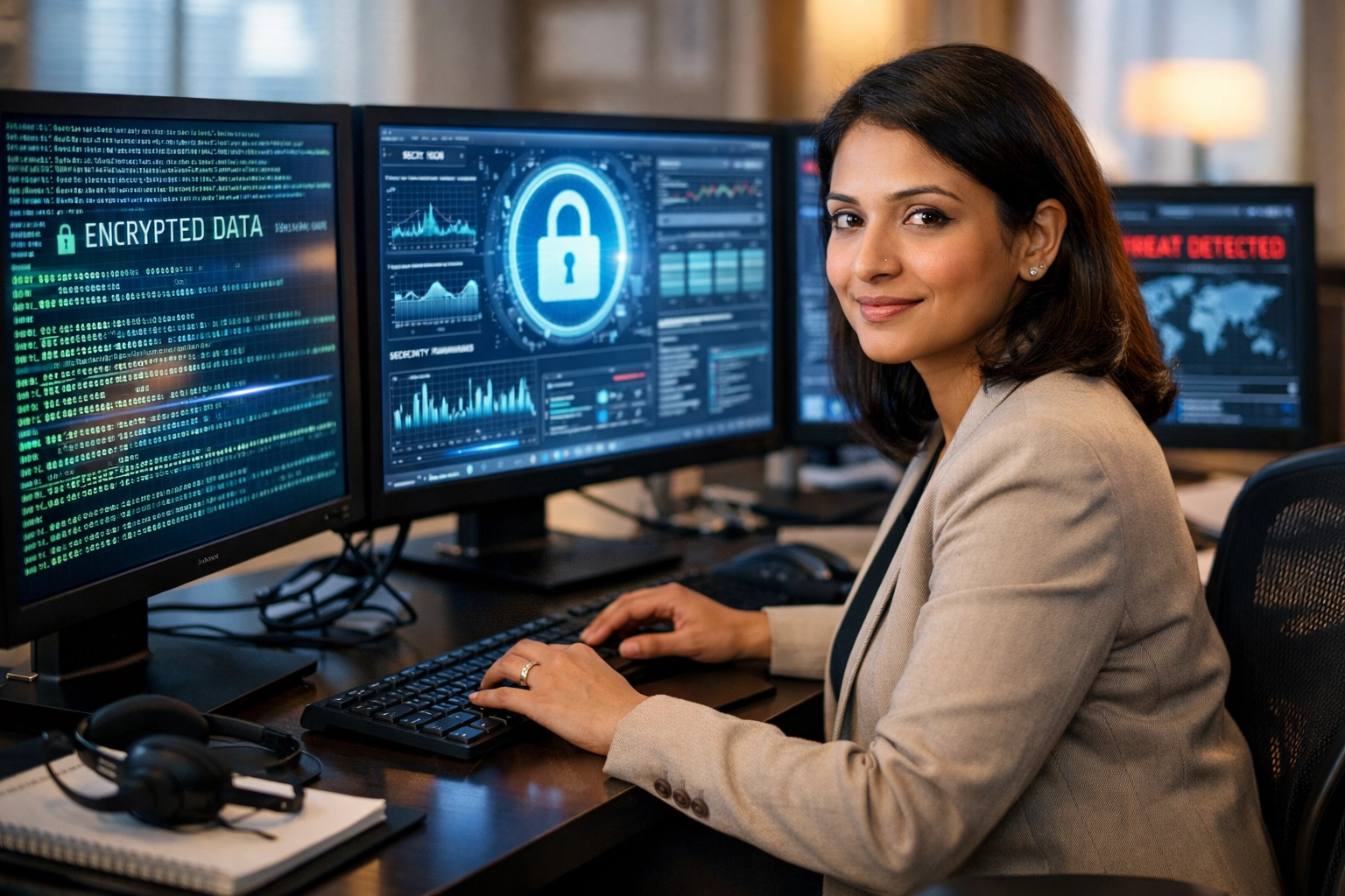 Cybersecurity analyst monitoring encrypted data and security dashboards at workstation
