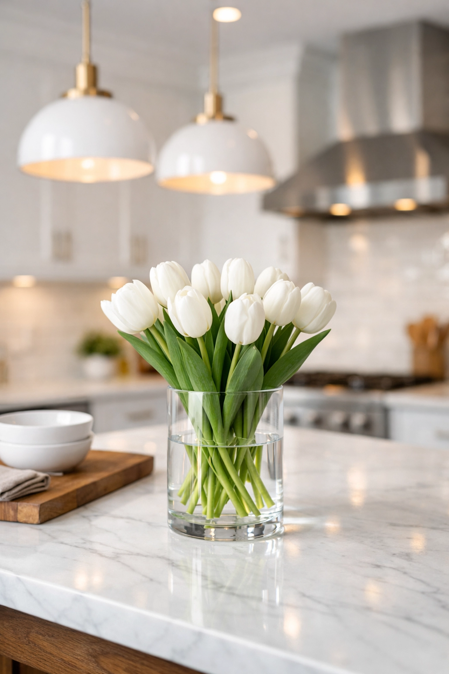 Elegant staged kitchen island with marble countertops in a new construction move-in ready home.