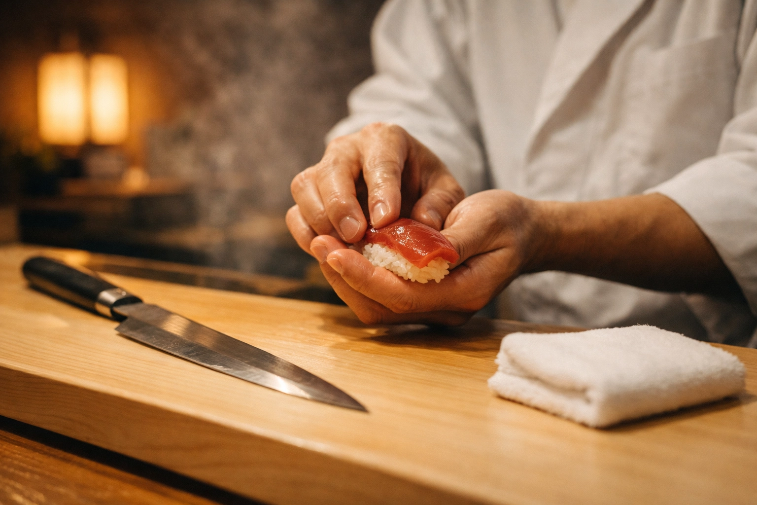 Professional chef crafting Edomae sushi at a traditional Ginza sushi counter in Tokyo.