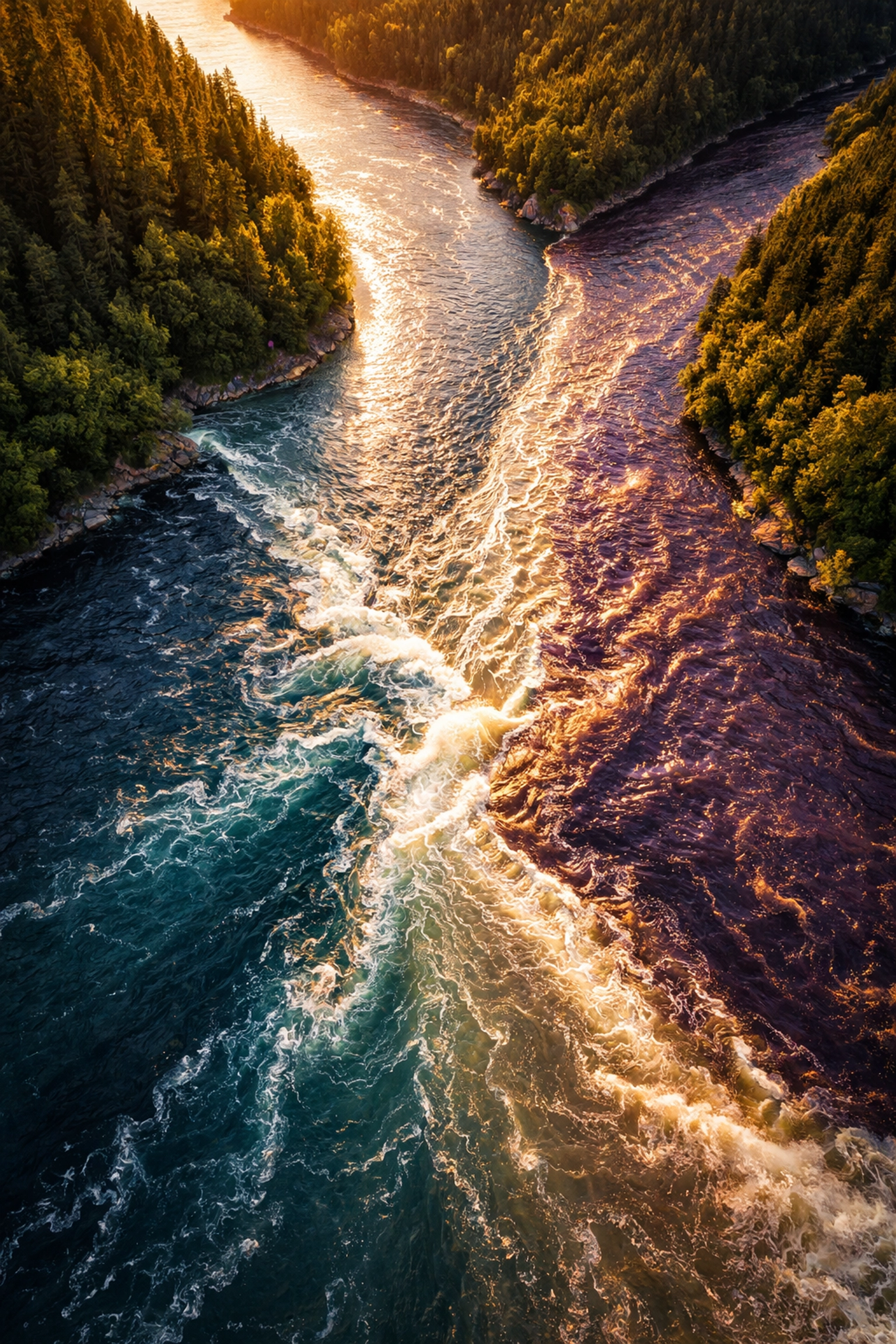 Aerial view of three distinct rivers merging, illustrating portfolio diversification into equities, bonds, and alternatives.