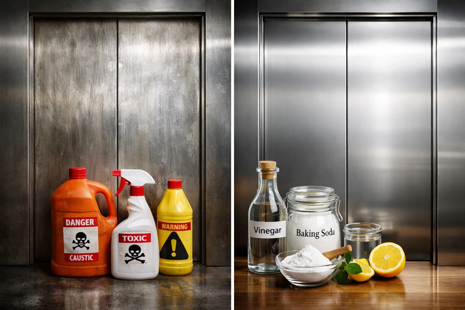 Comparison of damaged stainless steel from harsh chemicals versus properly maintained metal surface