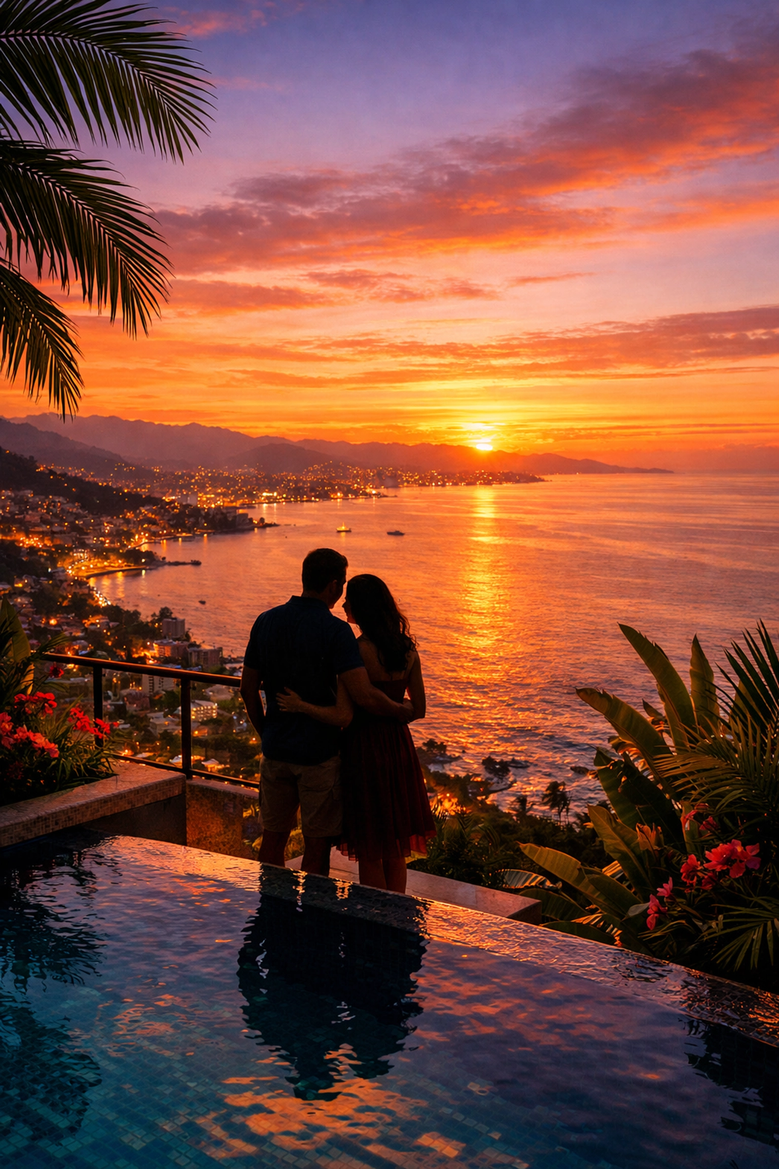 Romantic couple enjoying panoramic Banderas Bay sunset views from Amapas condo terrace in Puerto Vallarta