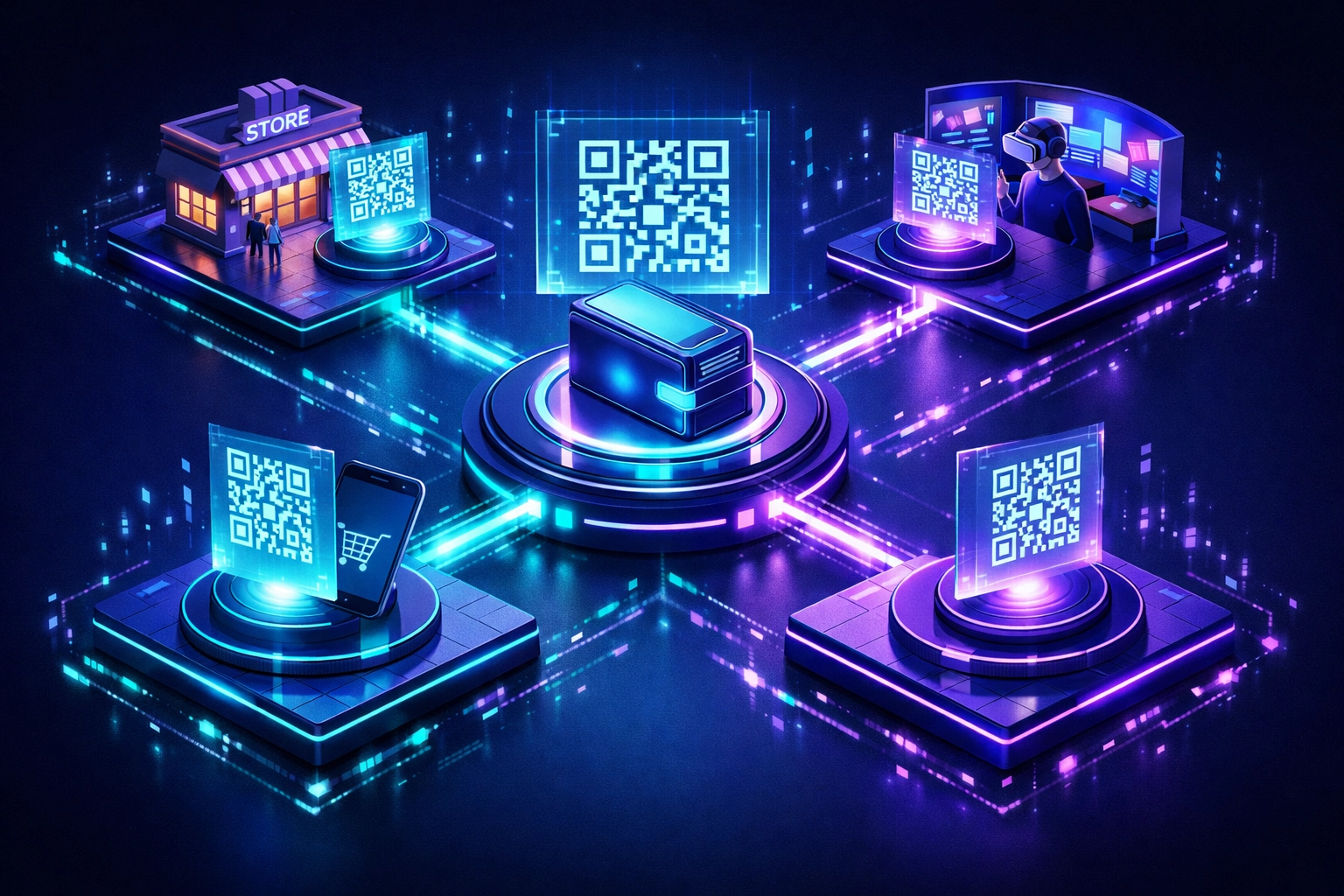 Larecoin master wallet architecture connecting multiple sub-wallets across retail locations with QR code POS system