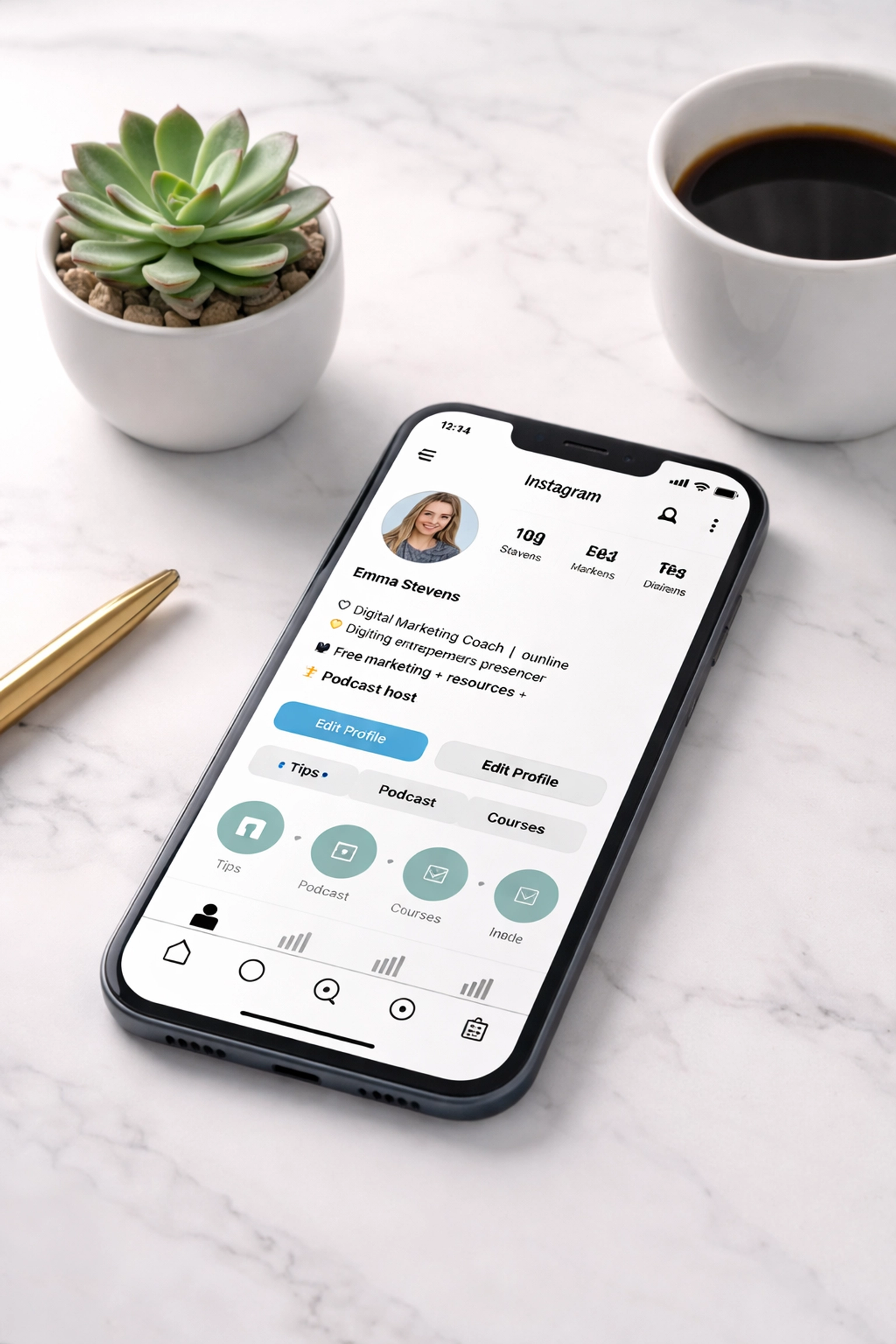 Smartphone on a desk displaying a social media profile bio, highlighting the importance of strategic social media audits for small business growth.