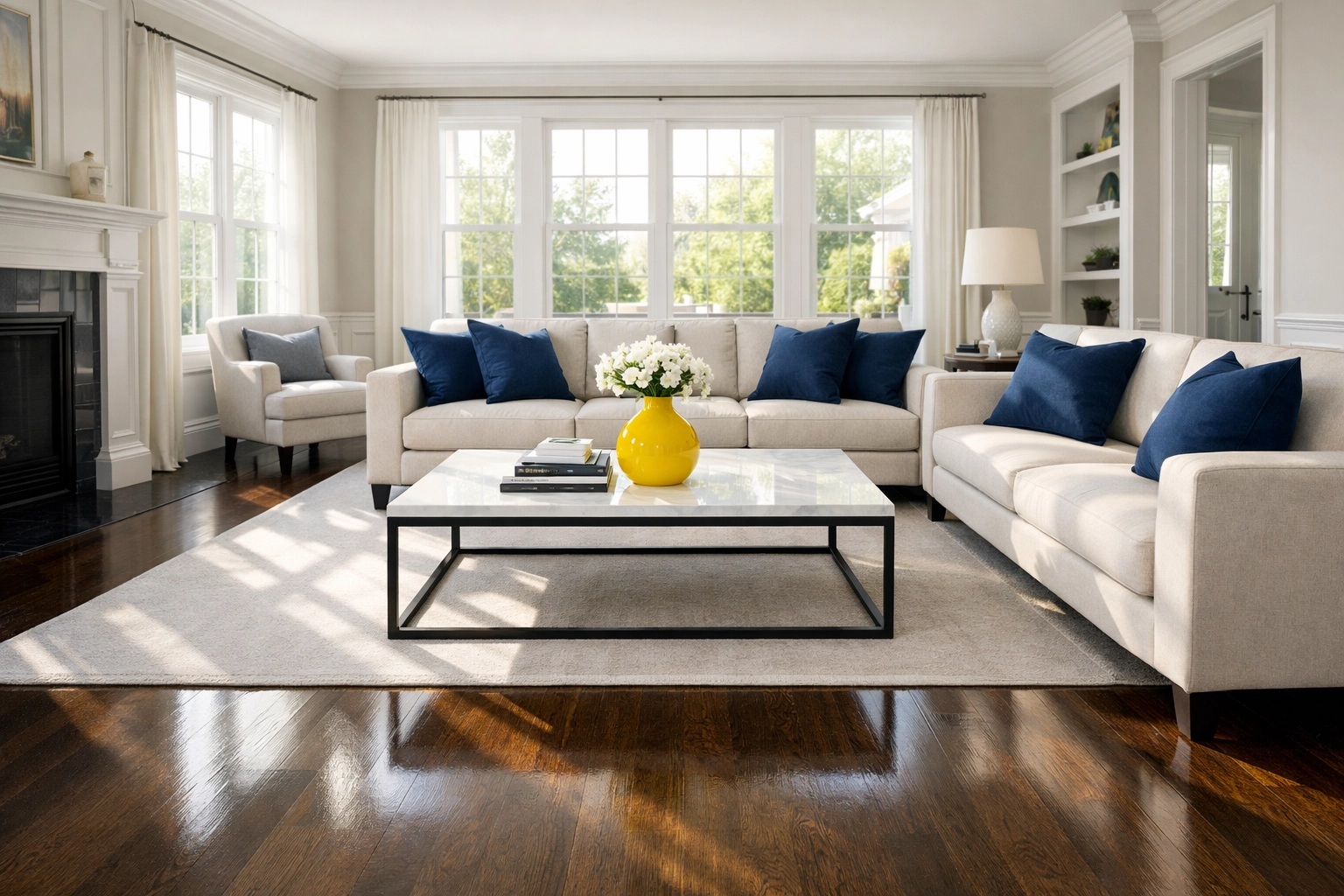 Sun-drenched Wellesley living room with polished floors highlighting expert deep cleaning services.
