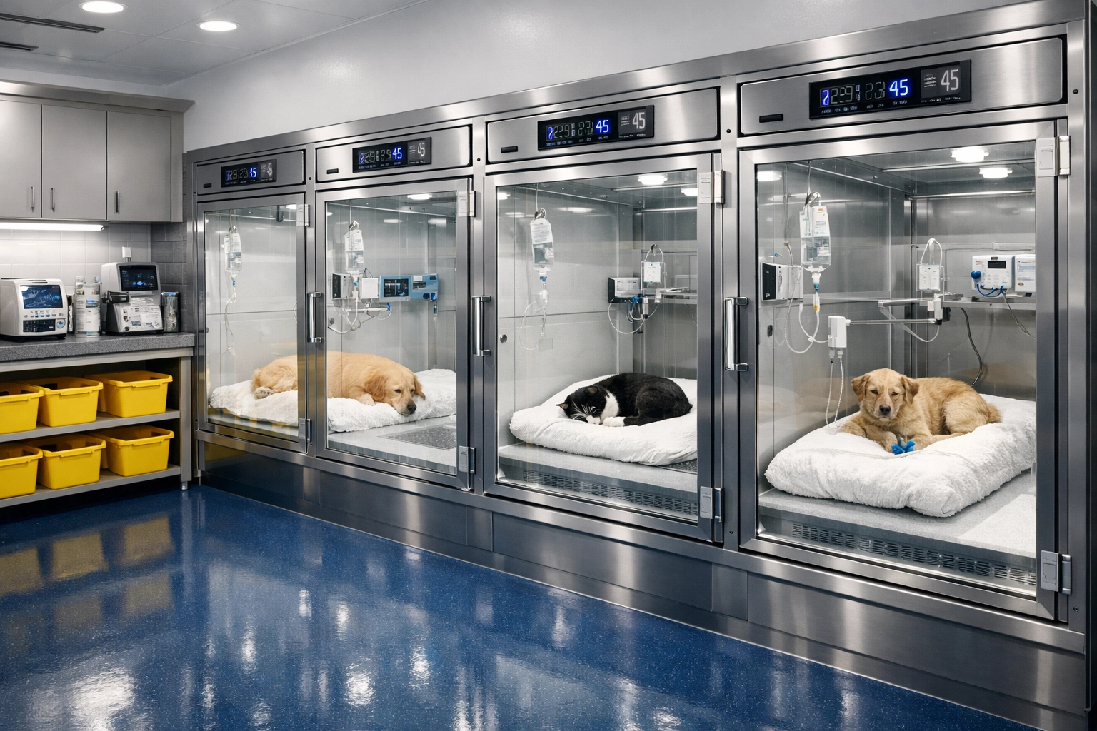Deep-cleaned pet recovery ward in Natick with sanitized glass suites and medical-grade hygiene.