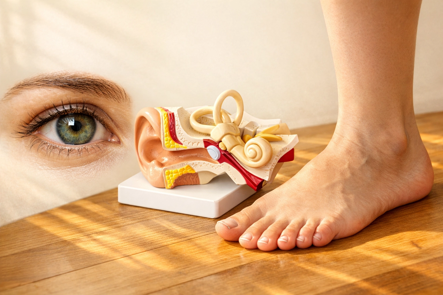 Three interconnected balance systems: eye, inner ear, and foot demonstrating how vision affects stability