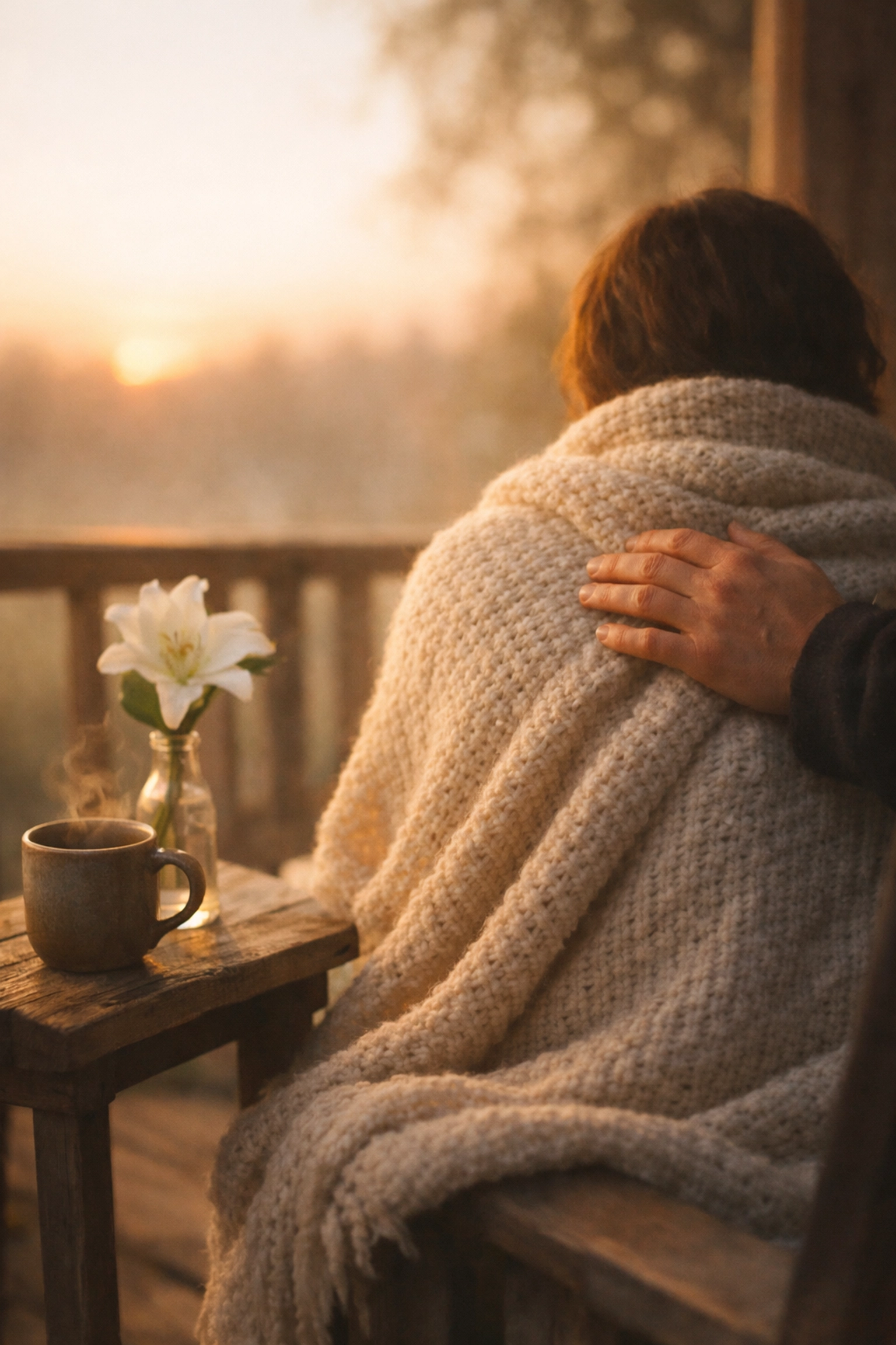 Person wrapped in blanket at sunrise with comforting hand, early grief support and permission to grieve