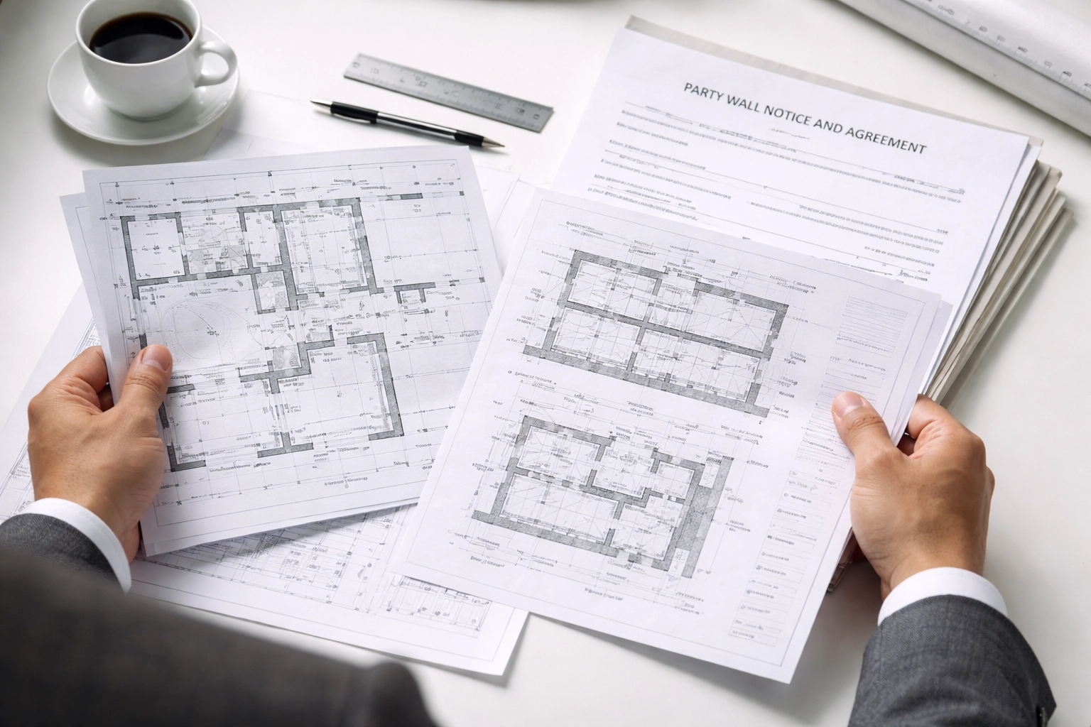 Asian British professional reviewing architectural drawings and party wall papers for Essex property