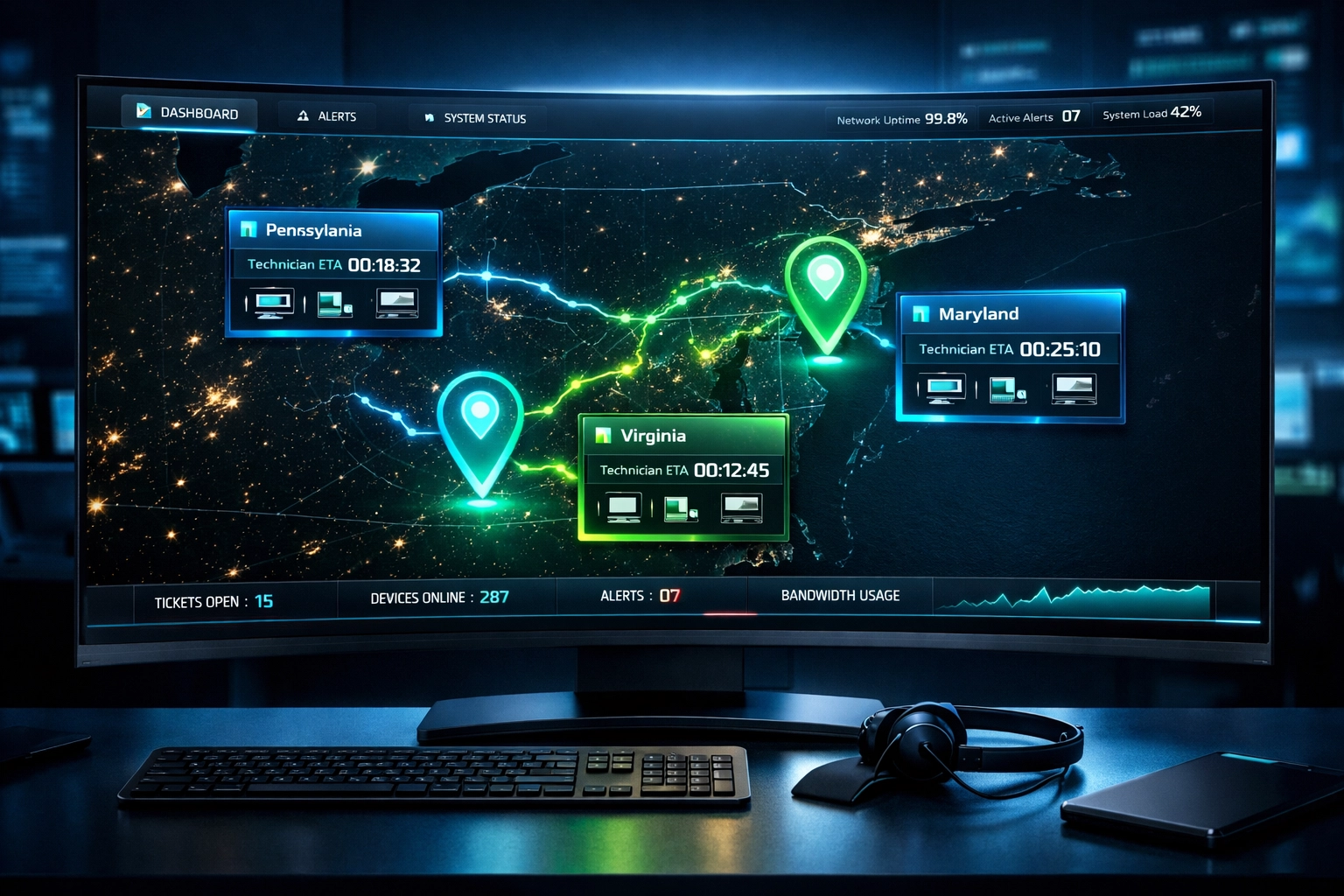 Real-time dispatch dashboard tracking nationwide IT technicians responding to multi-location POS emergencies