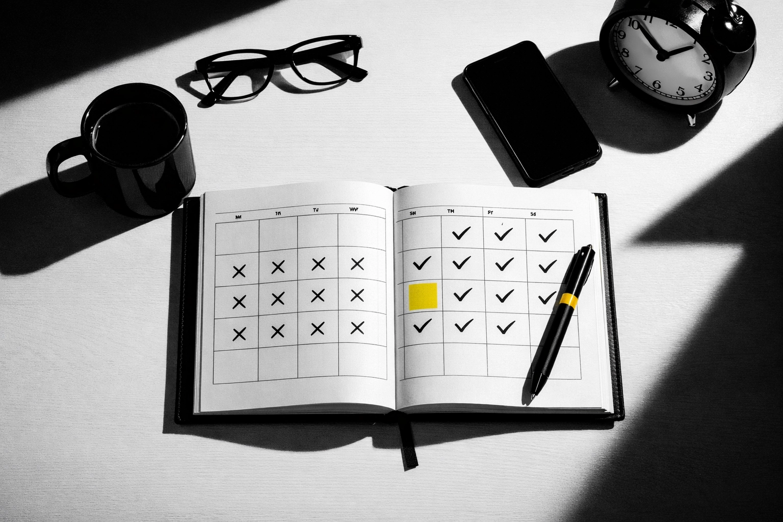 Open planner with consistent entries representing disciplined social media posting schedule