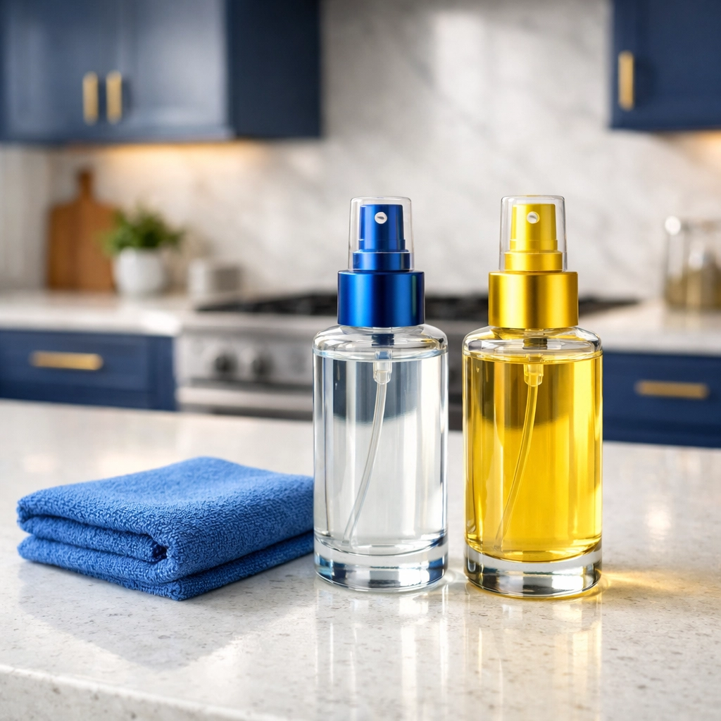 Eco-friendly pH-neutral cleaning spray and blue microfiber cloth on a quartz countertop.