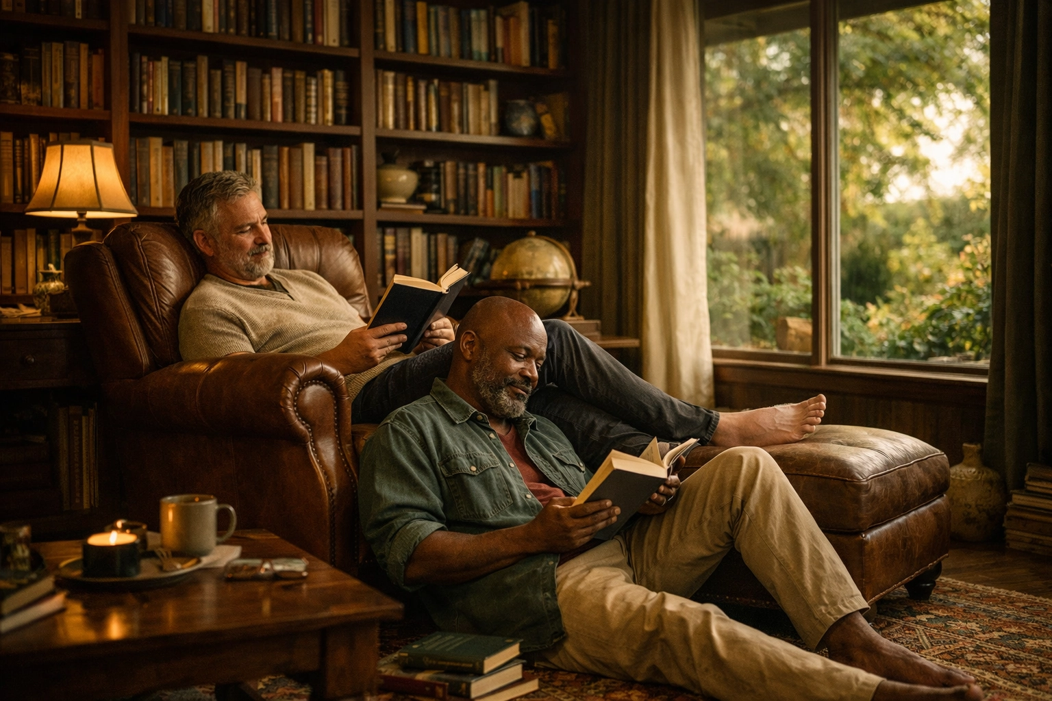 Interracial gay couple reading books in their home library, illustrating deep trust and companionship.