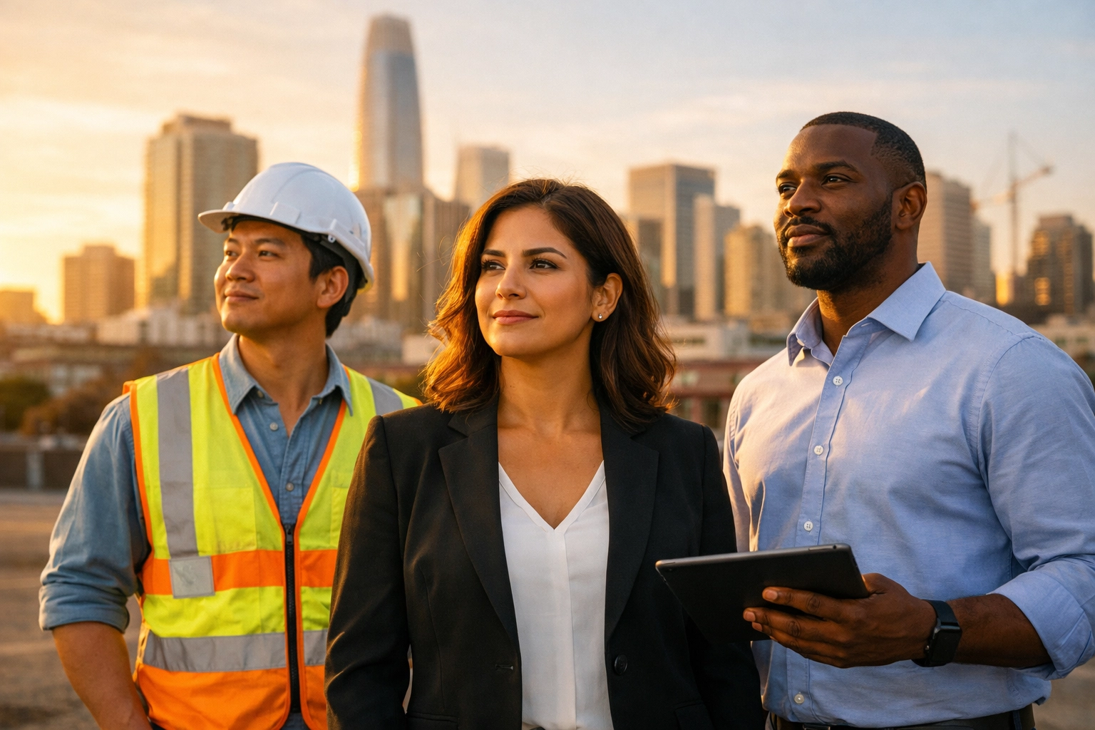 Diverse professionals planning urban neighborhood revitalization at a stalled development site in SoMa.