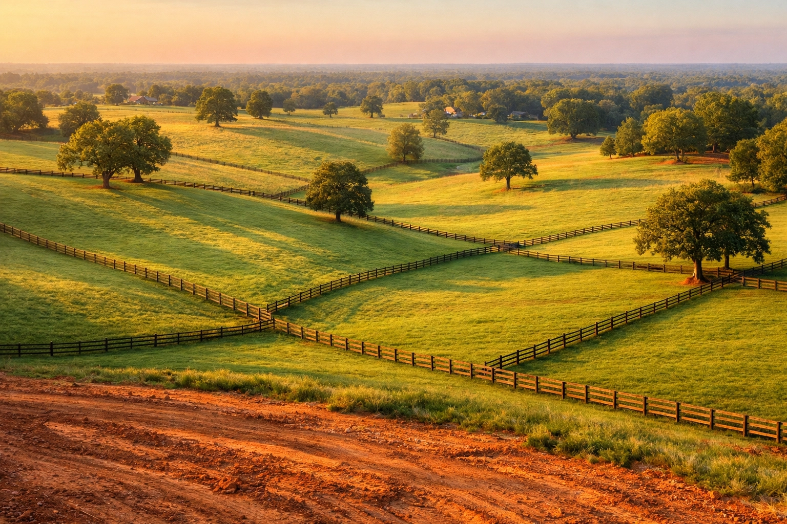 Rolling pastures with fence lines on horse farm property in Waxhaw, NC showing quality grazing land