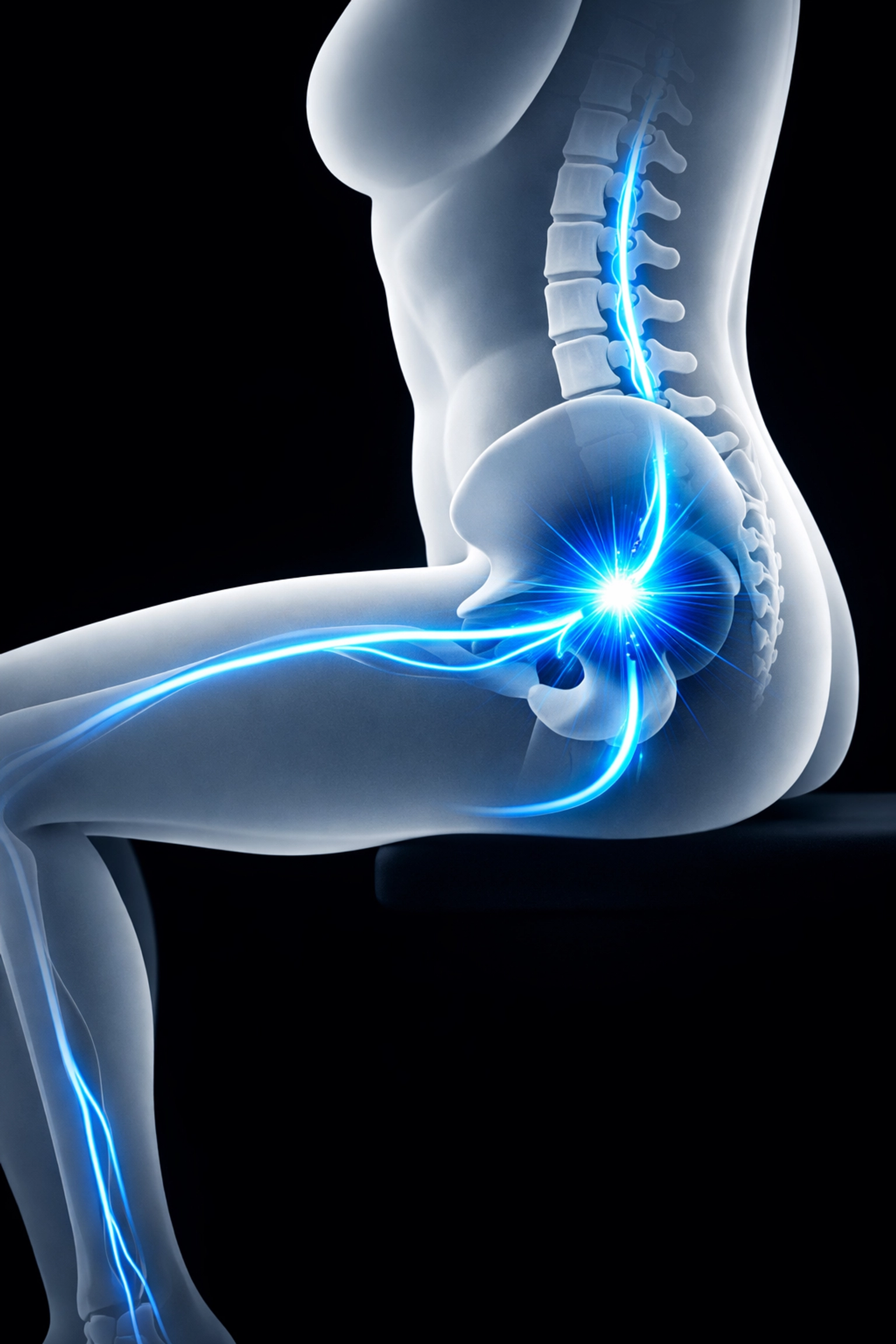 Anatomy visual showing the piriformis muscle compressing the sciatic nerve in the glutes for sciatica relief.