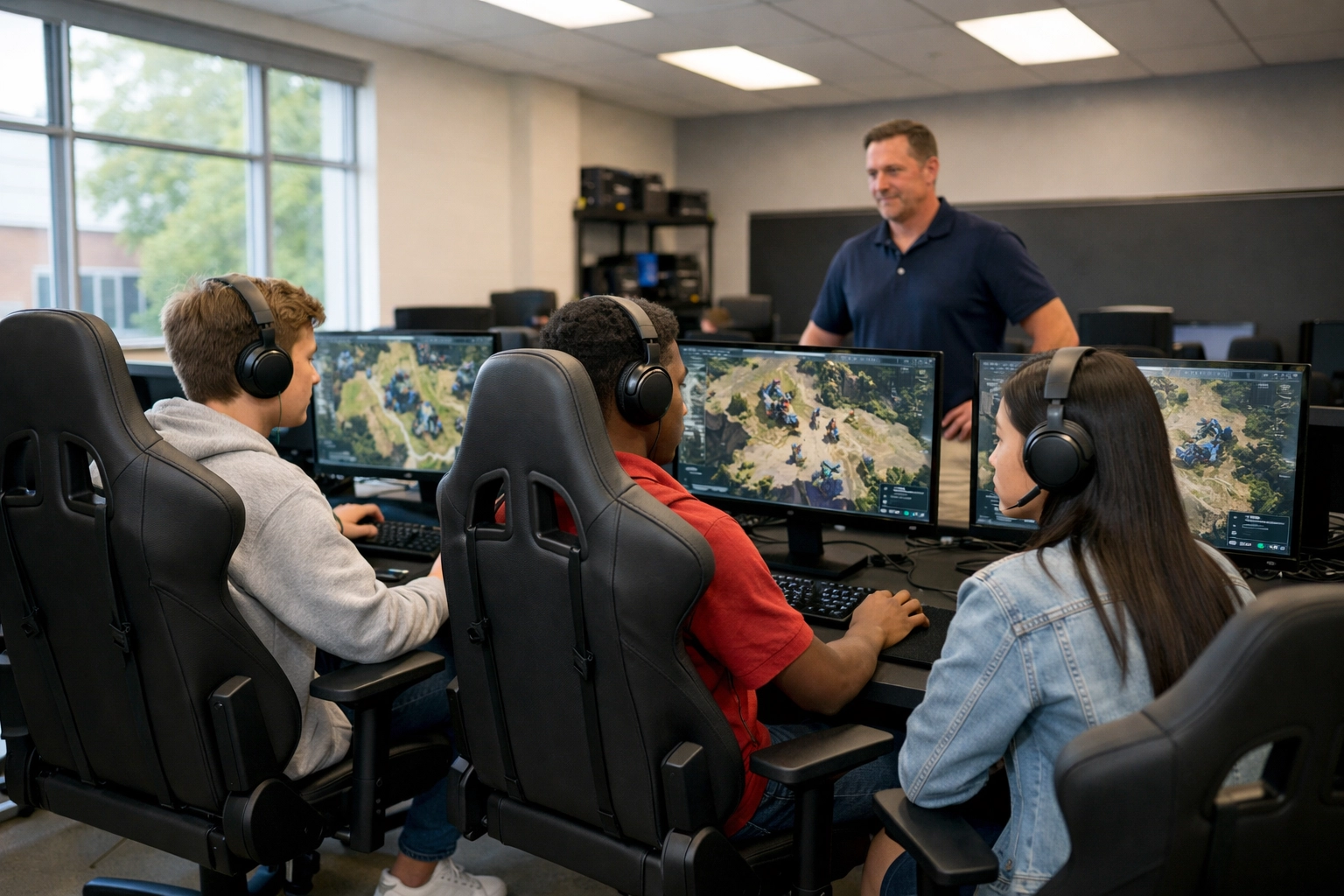 High school students using professional esports pods for educational growth and digital literacy in a modern classroom.