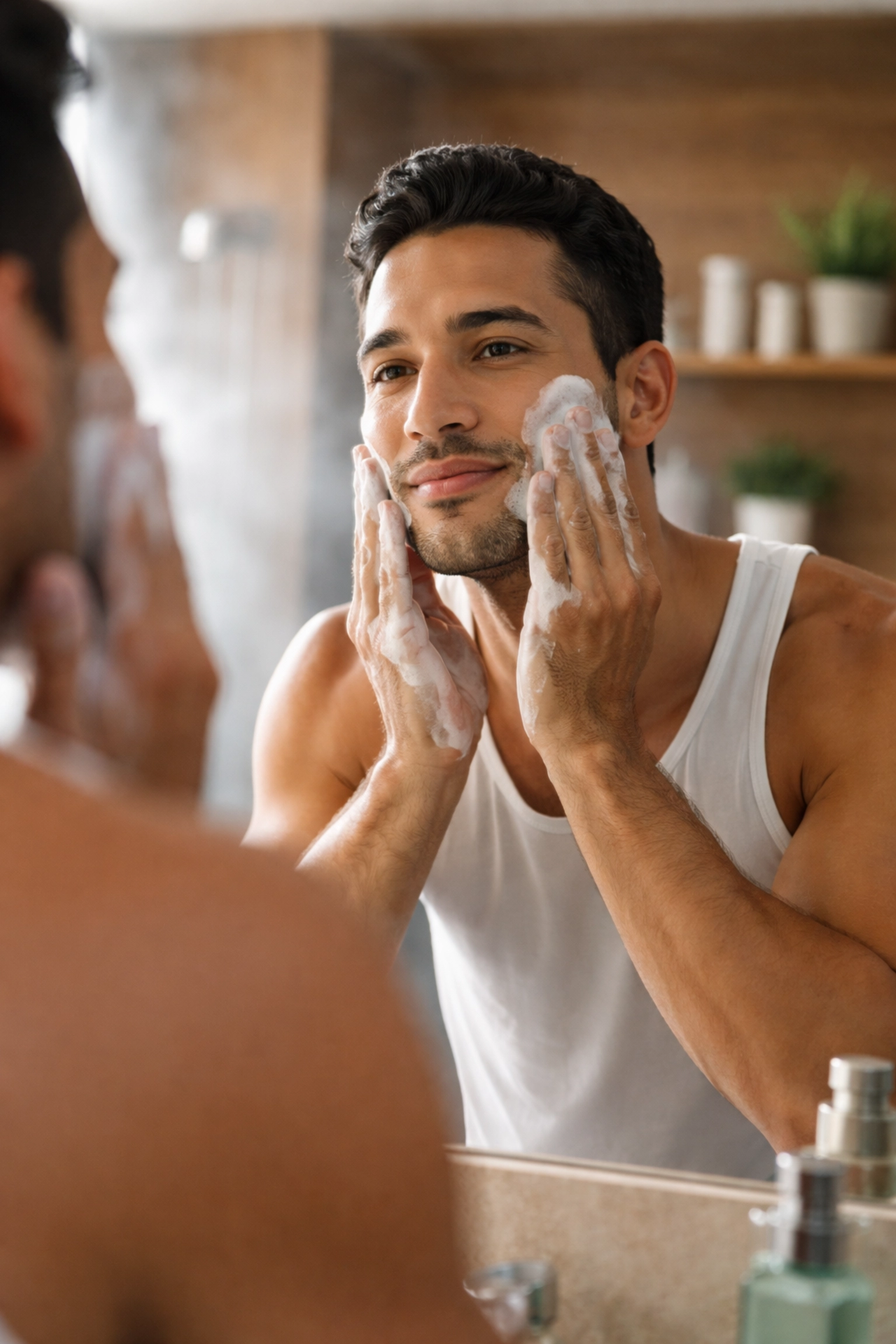 Latino man applying cleanser to his face in a modern bathroom mirror, part of streamlined morning grooming