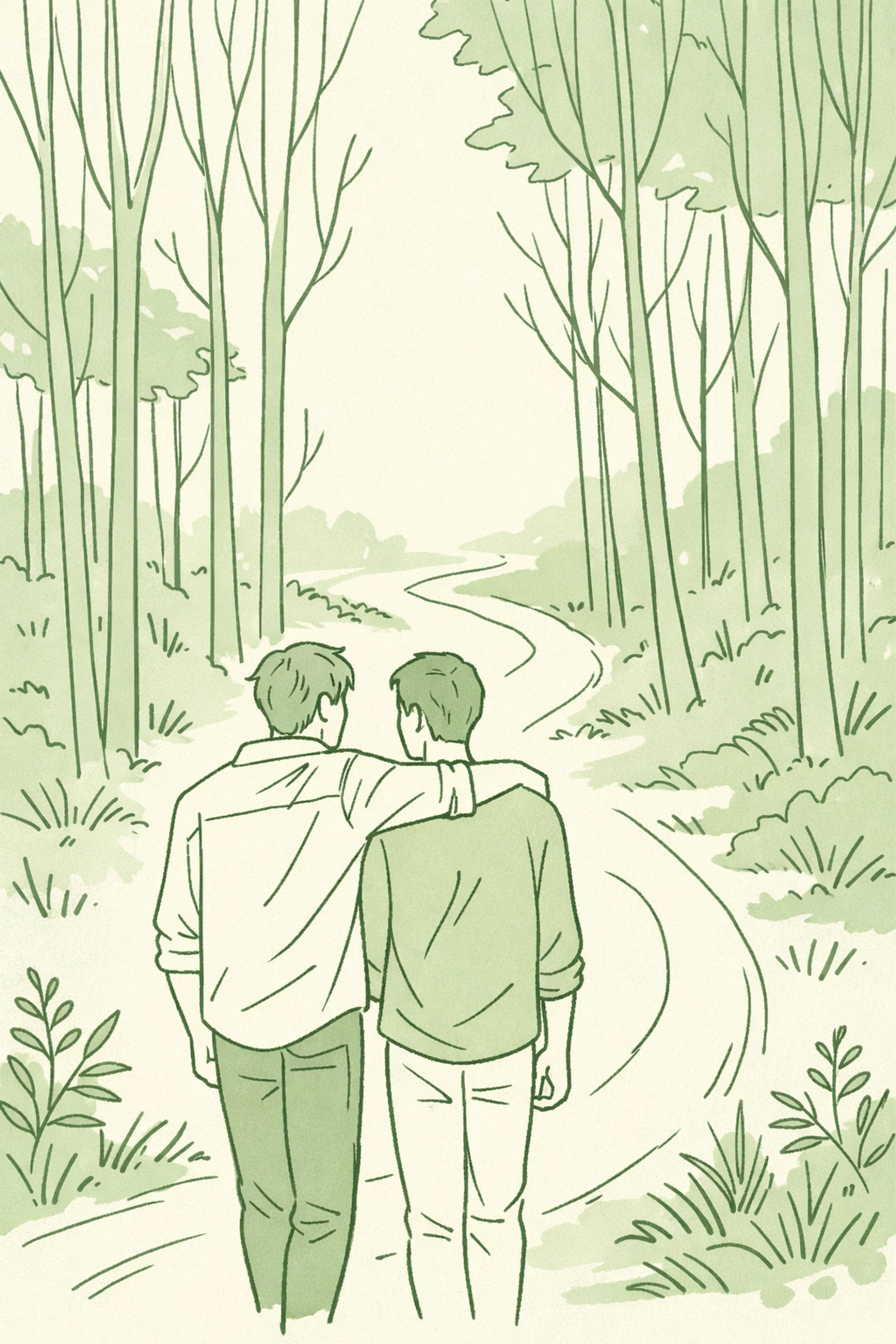 Two men walking through a forest, representing a journey of rebirth and love in MM contemporary romance.