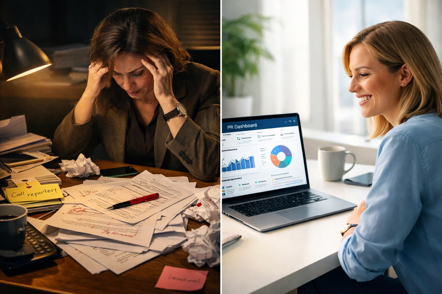 Traditional PR workflow with papers versus modern automated press release innovation