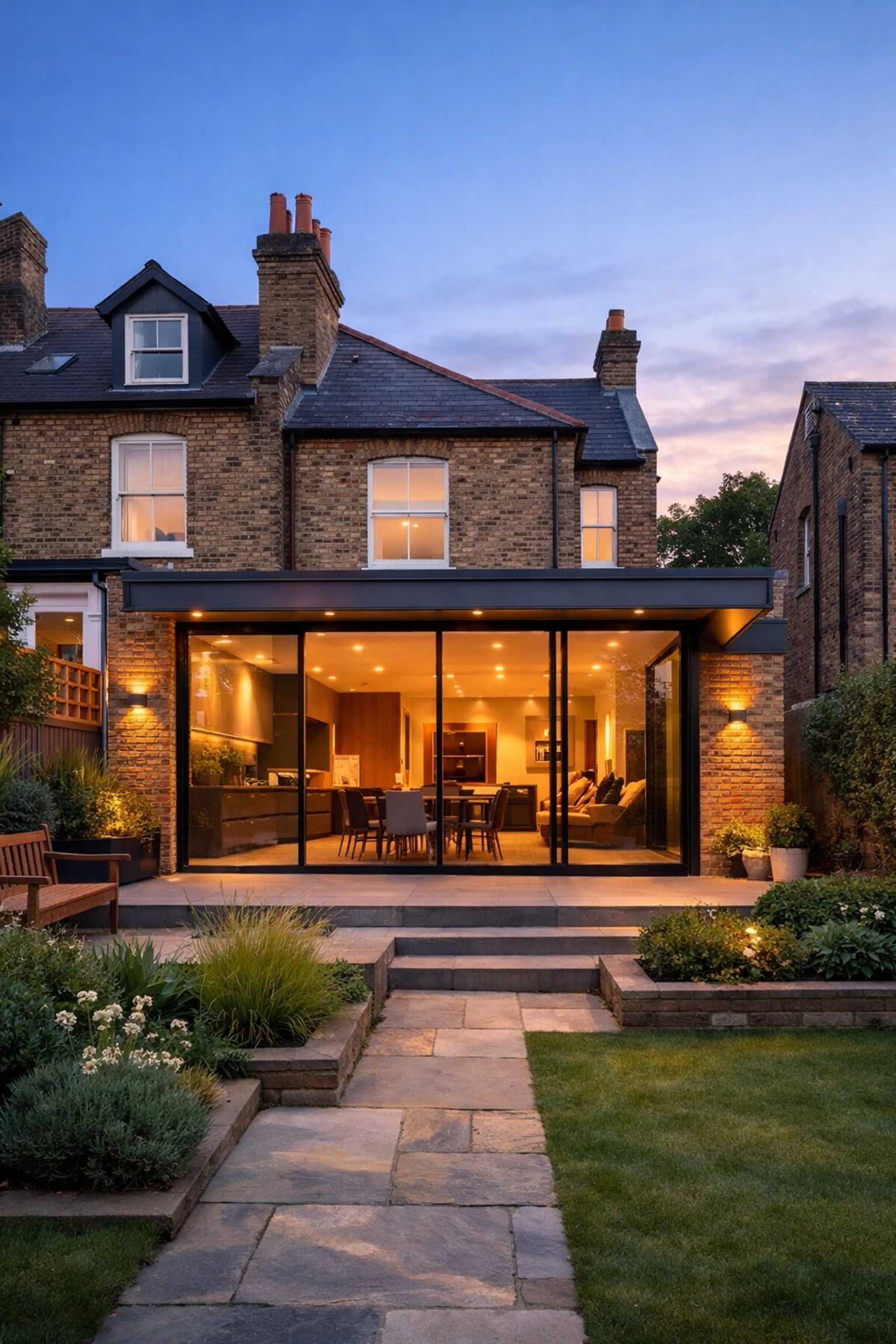 Completed rear extension on London Victorian terraced house with glass doors and modern design