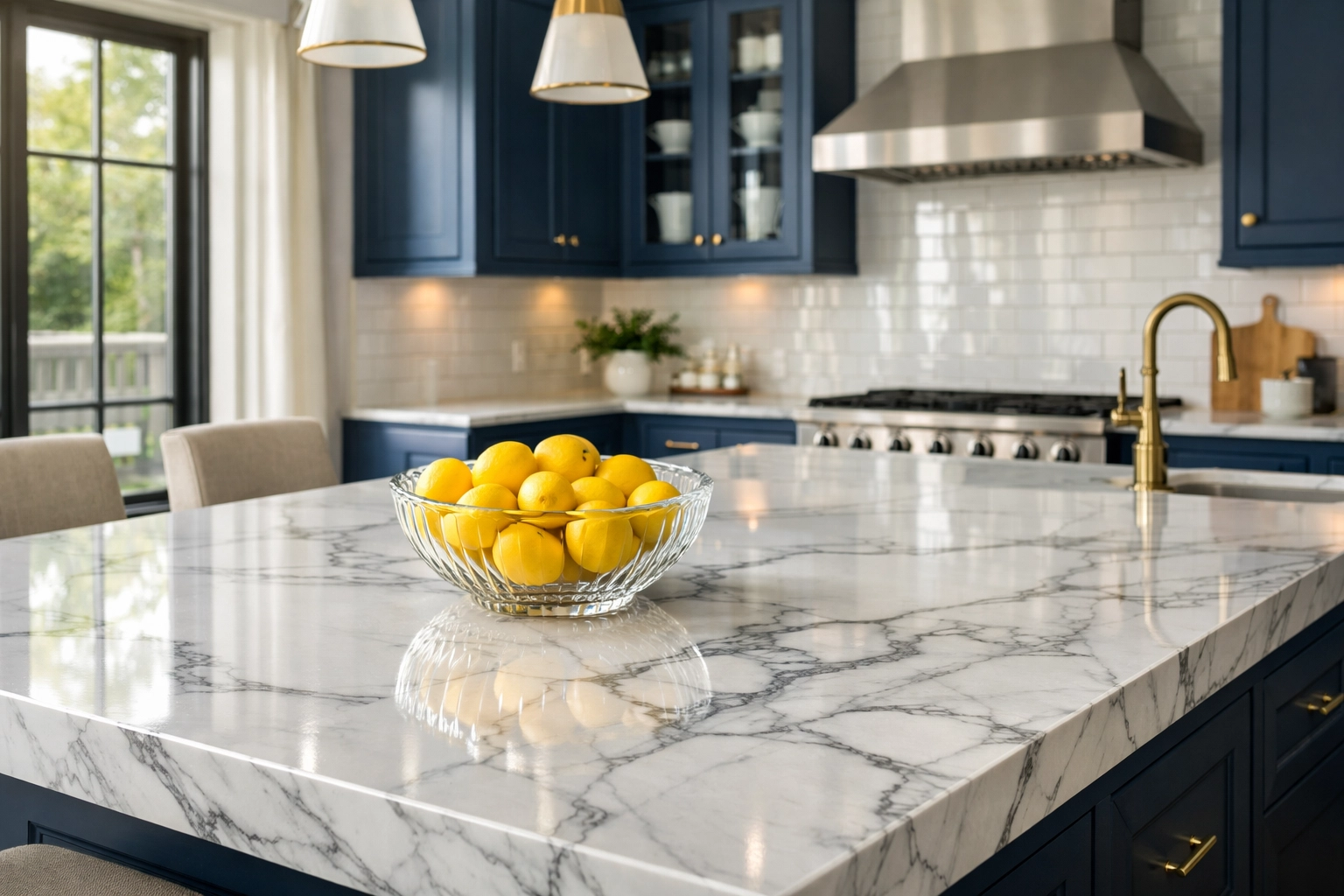 Professional luxury house cleaning of a white marble island to protect high-end finishes in a Natick home.